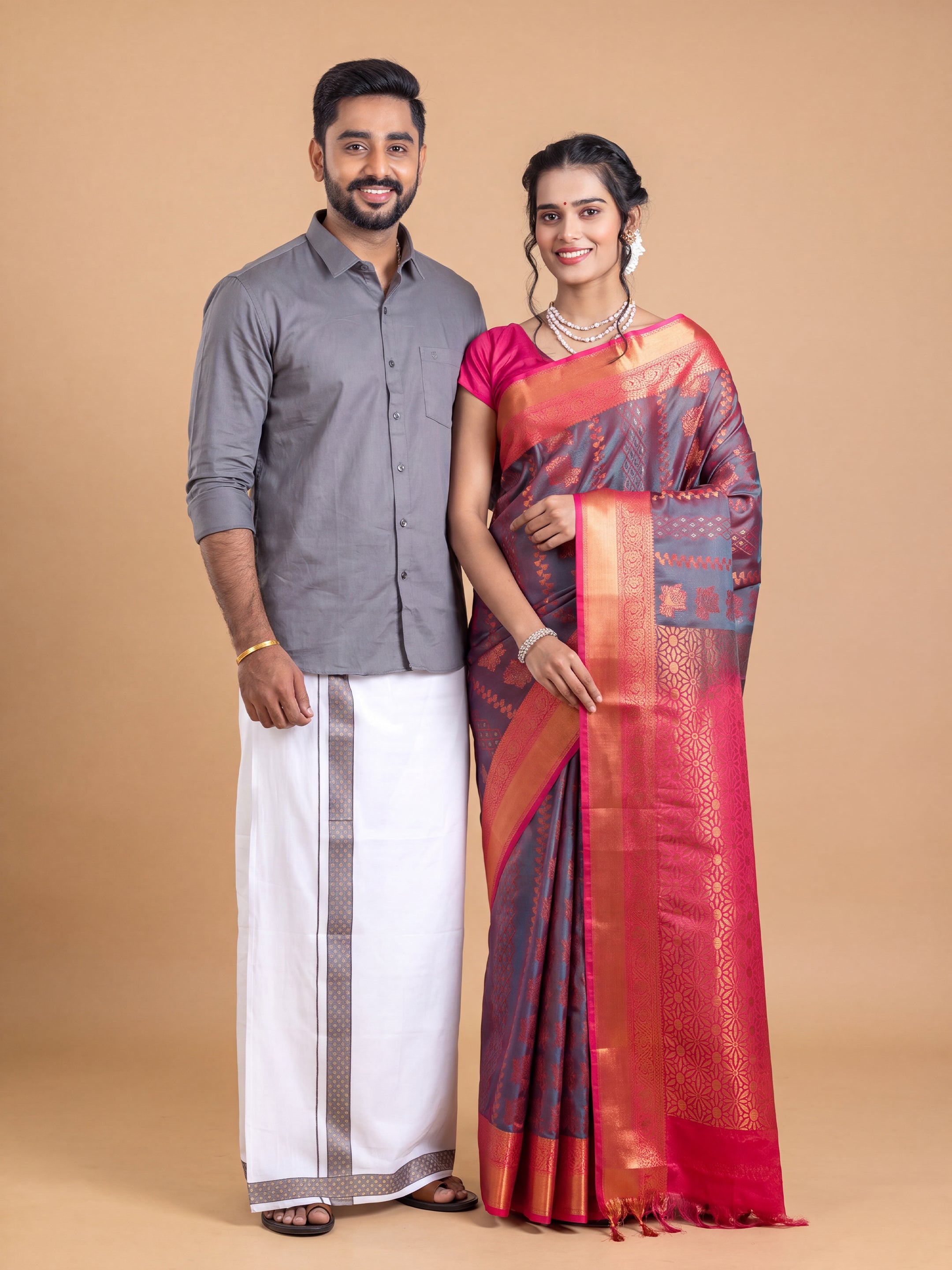 Couple Combo Shirt & Dhoti Set with Saree Grey ASS116