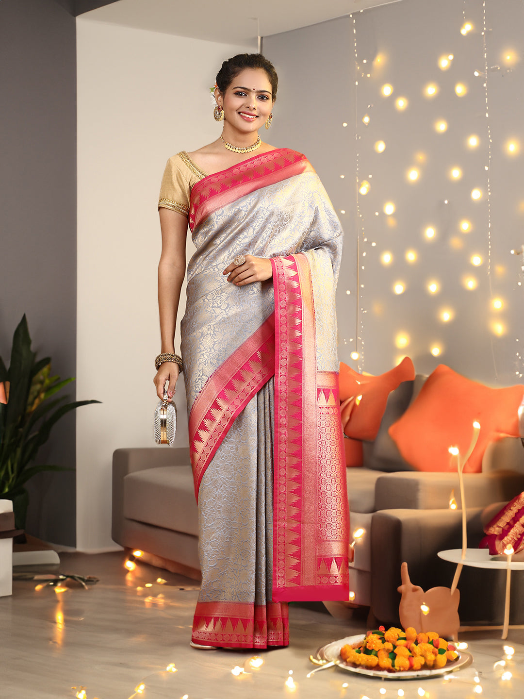 Women Semi Silk Saree Grey SS206