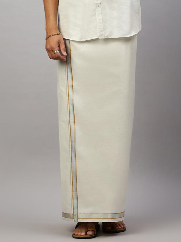 Men Tissue Fancy Border Silver Single Dhoti - EX02