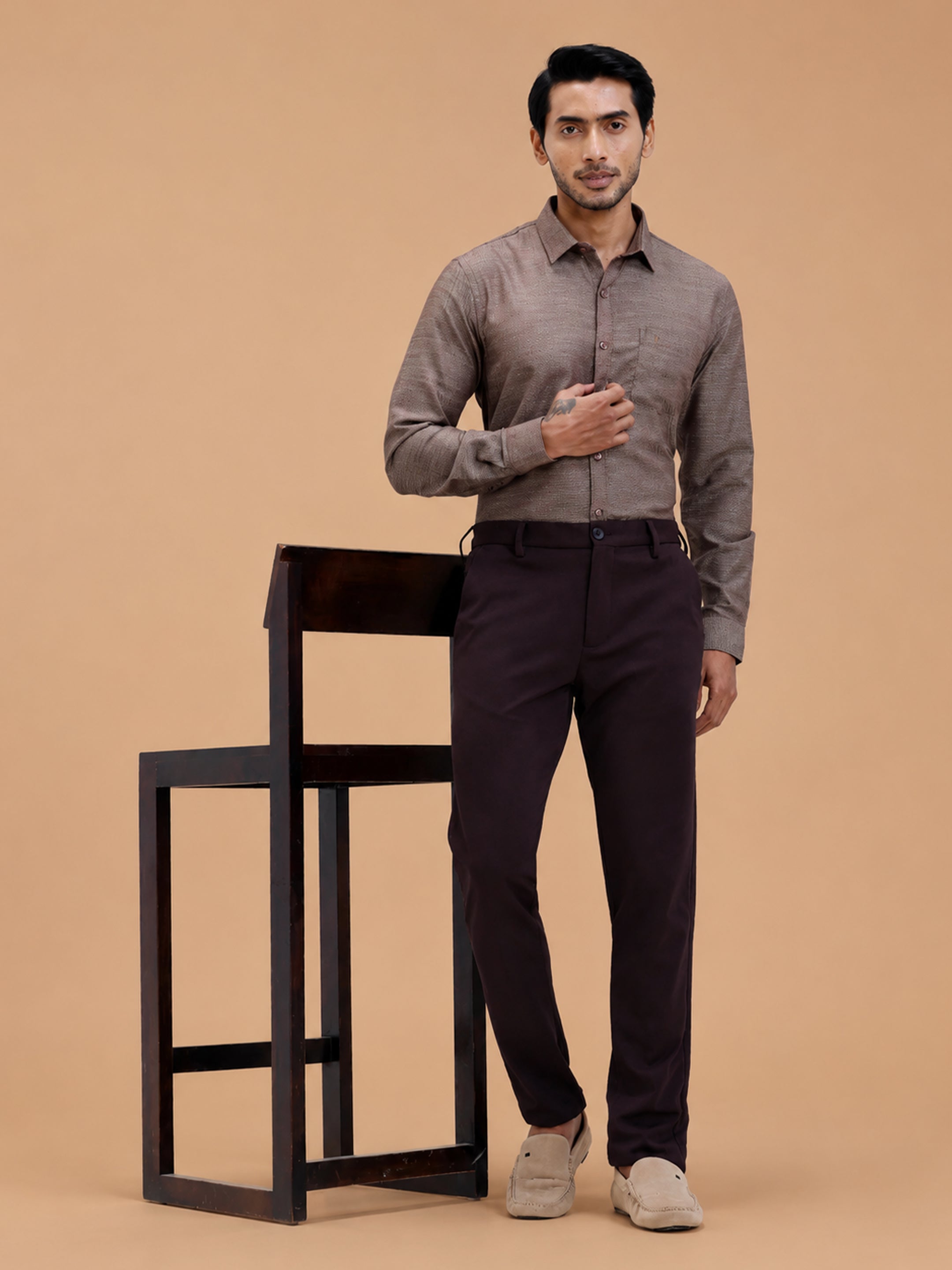 Cotton Rich Brown Dobby Regular Fit Shirt T59 AIT4