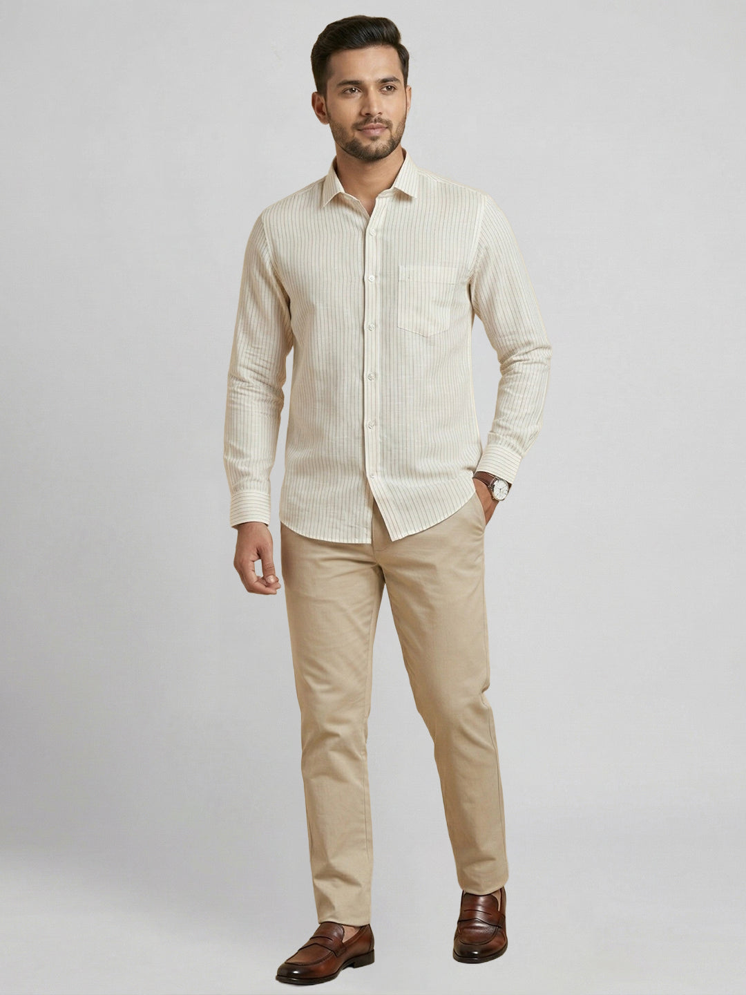 Pure Linen Striped Shirt White LS134