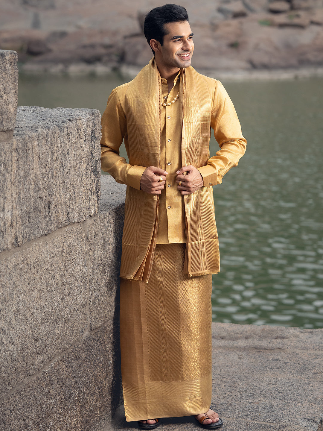 Premium Silk Pure Jari Gold Jacquard Weaving Dhoti Shirting & Towel Set with 5" Jari Border – Rajadharbar