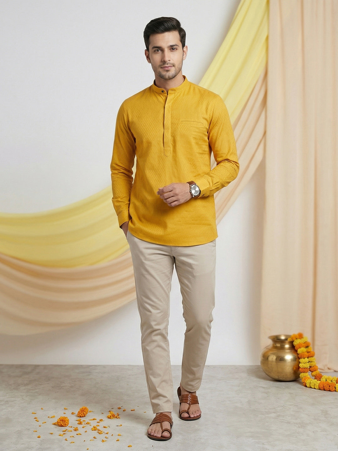 Men Cotton Short Length Self Design Pocket Kurta Glitter Yellow Y26