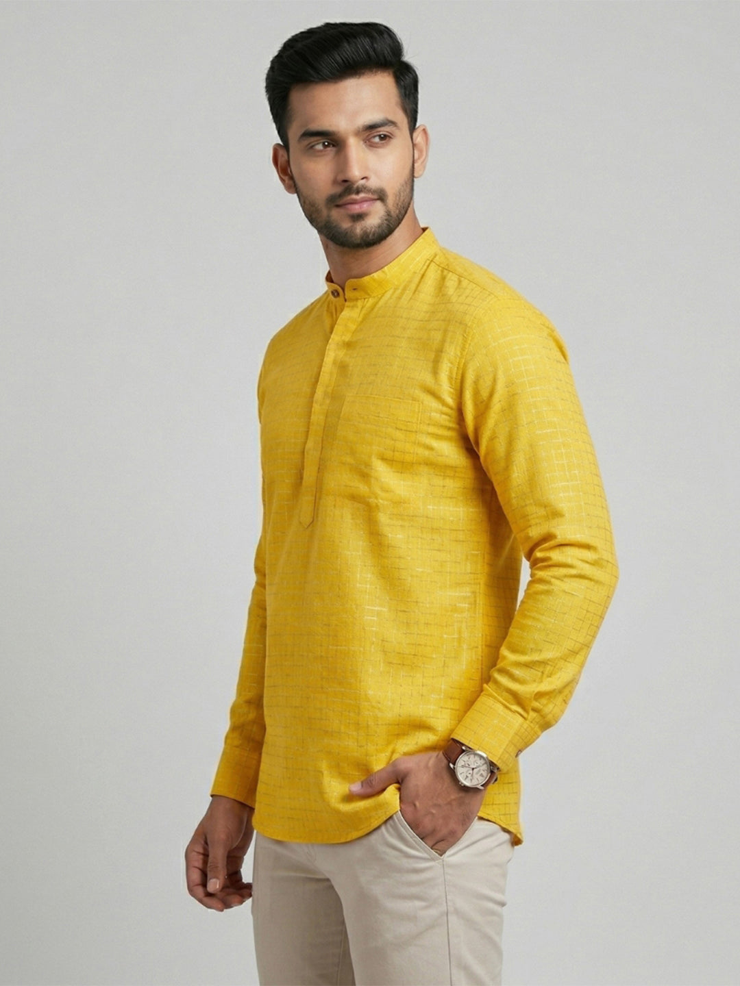 Cotton Short Length Self Design with Checked Pocket Kurta Yellow Gold Glitter Y30