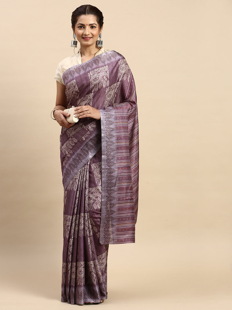 Womens Semi Tussar Purple & Sandal Flower Embroidery Saree ST93