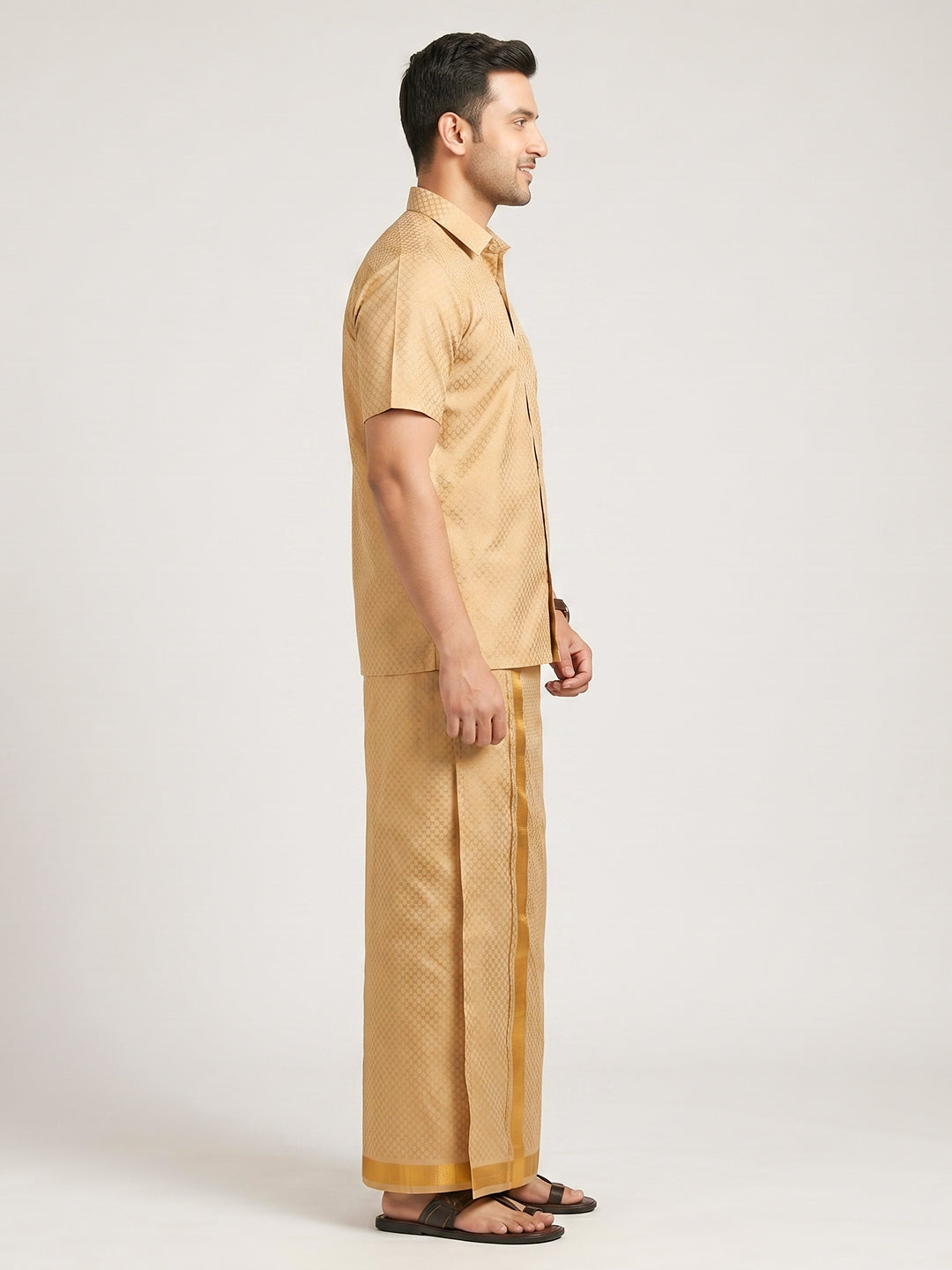 Men Gold Tissue Jacquard Shirt with Matching Dhoti Set GDP3