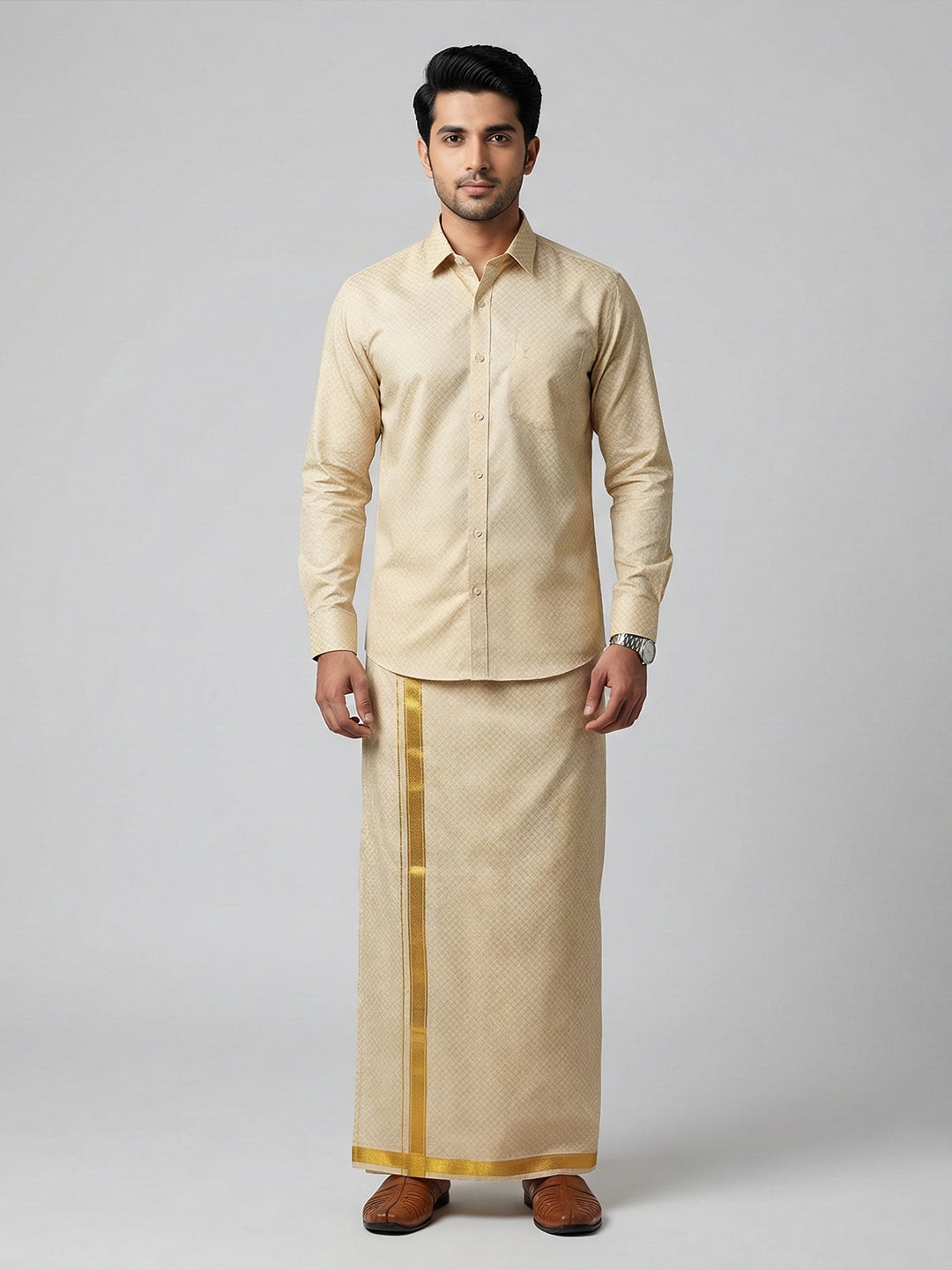 Men Gold Tissue Jacquard Shirt with Readymade Dhoti Set GD13