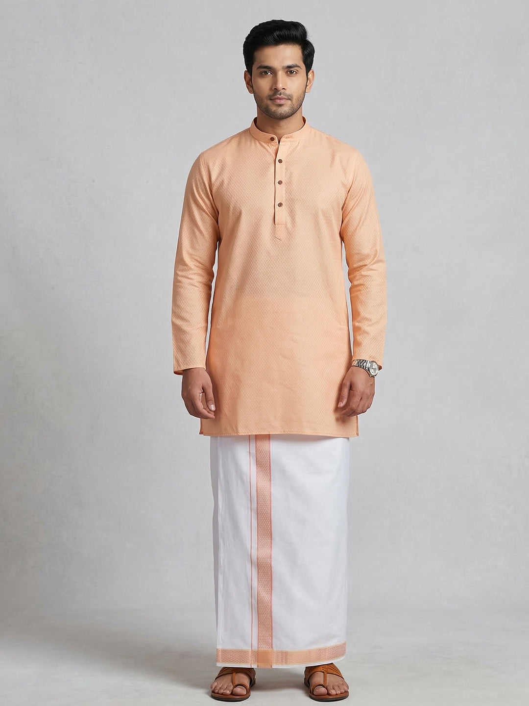 Men Peach Medium Length Kurta with Matching Border Dhoti Set MHJ5