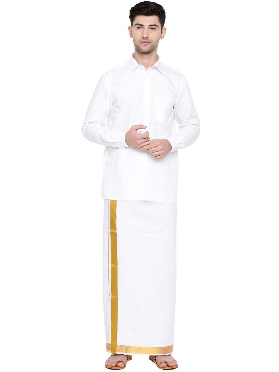 Mens Double Dhoti White with Gold Jari 2" Gold Special Plain-Full view