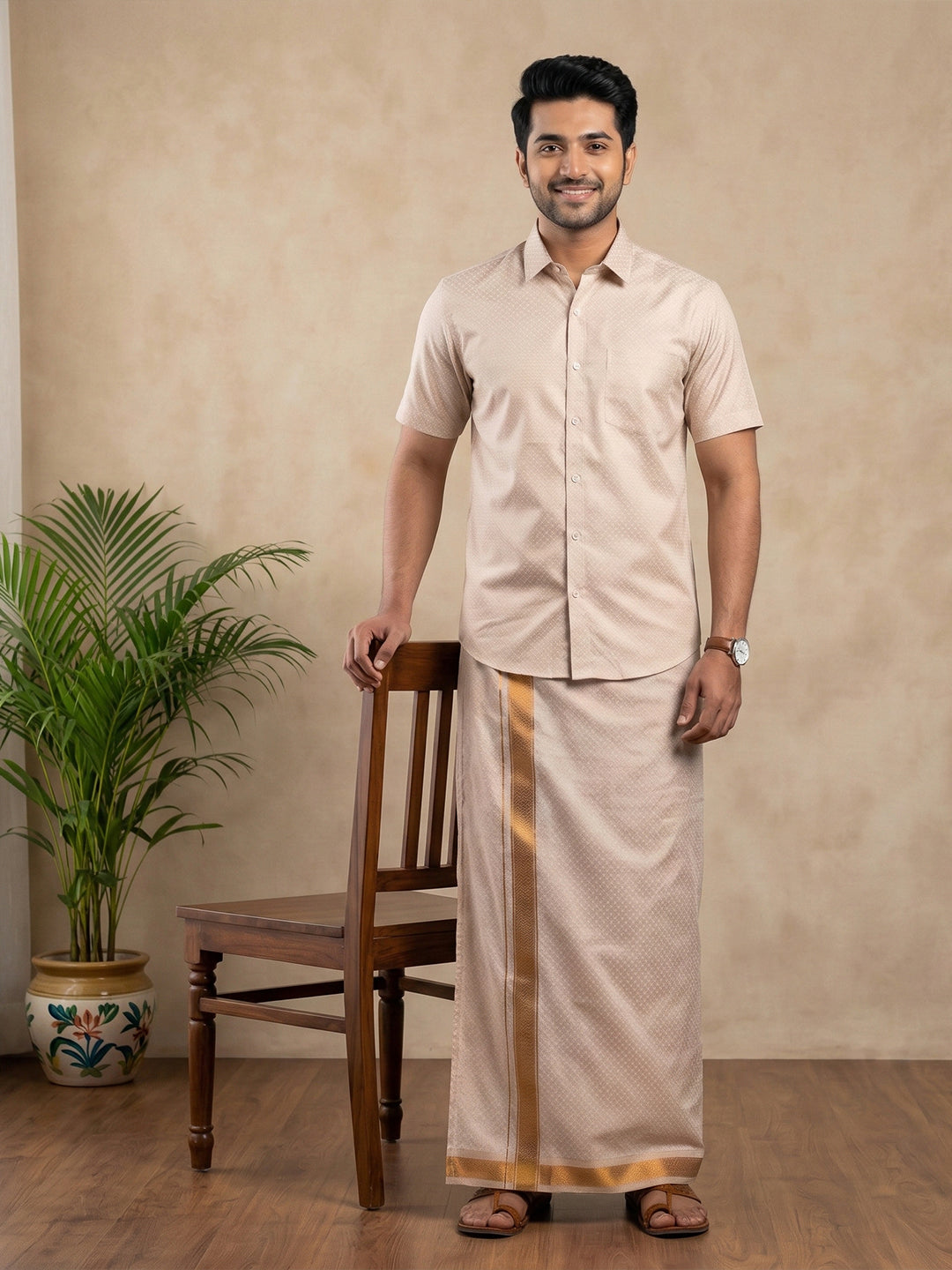 Men Copper Tissue Jacquard Shirt with Readymade Dhoti Set CD13