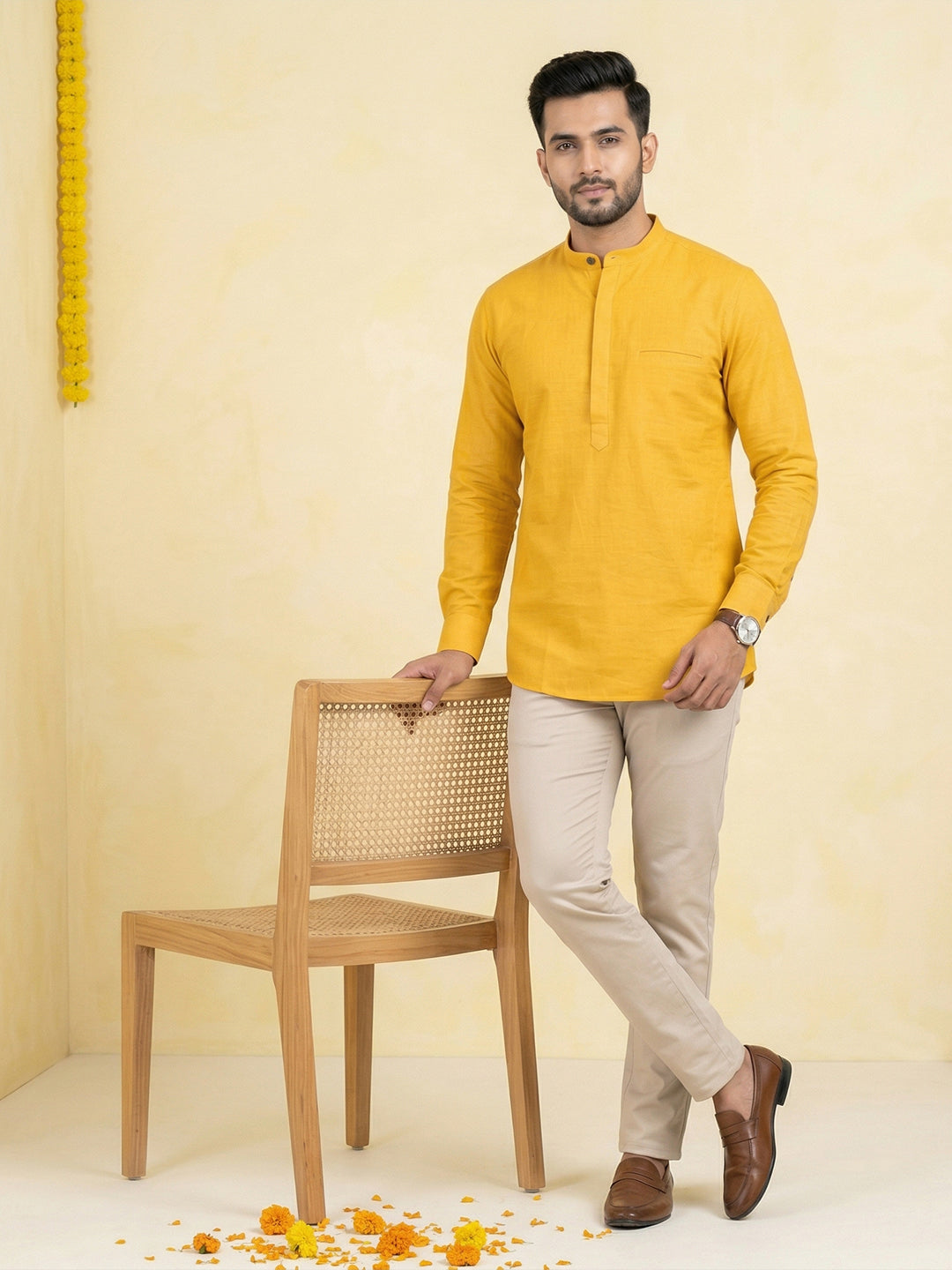 Cotton Short Length Plain Pocket Kurta Orangy Yellow Y24