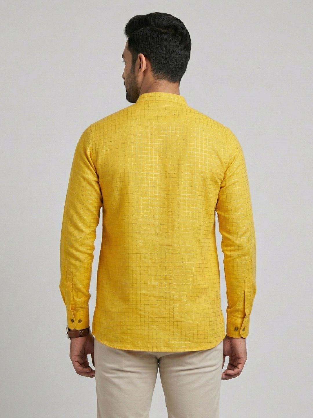 Cotton Short Length Self Design with Checked Pocket Kurta Yellow Gold Glitter Y30
