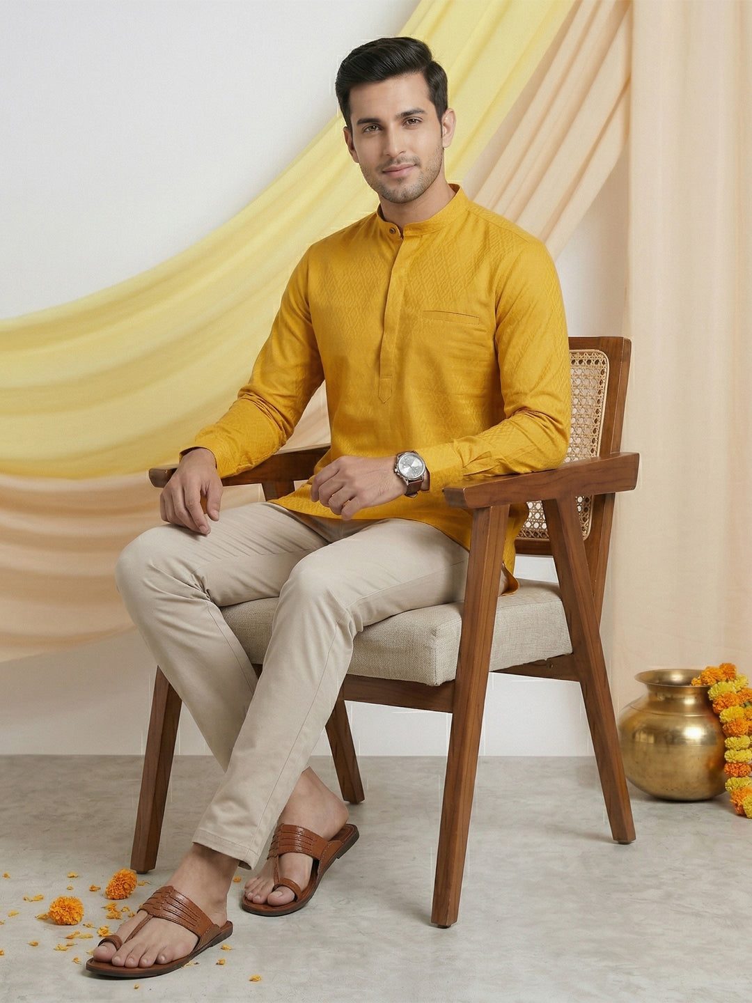 Men Cotton Short Length Self Design Pocket Kurta Glitter Yellow Y26