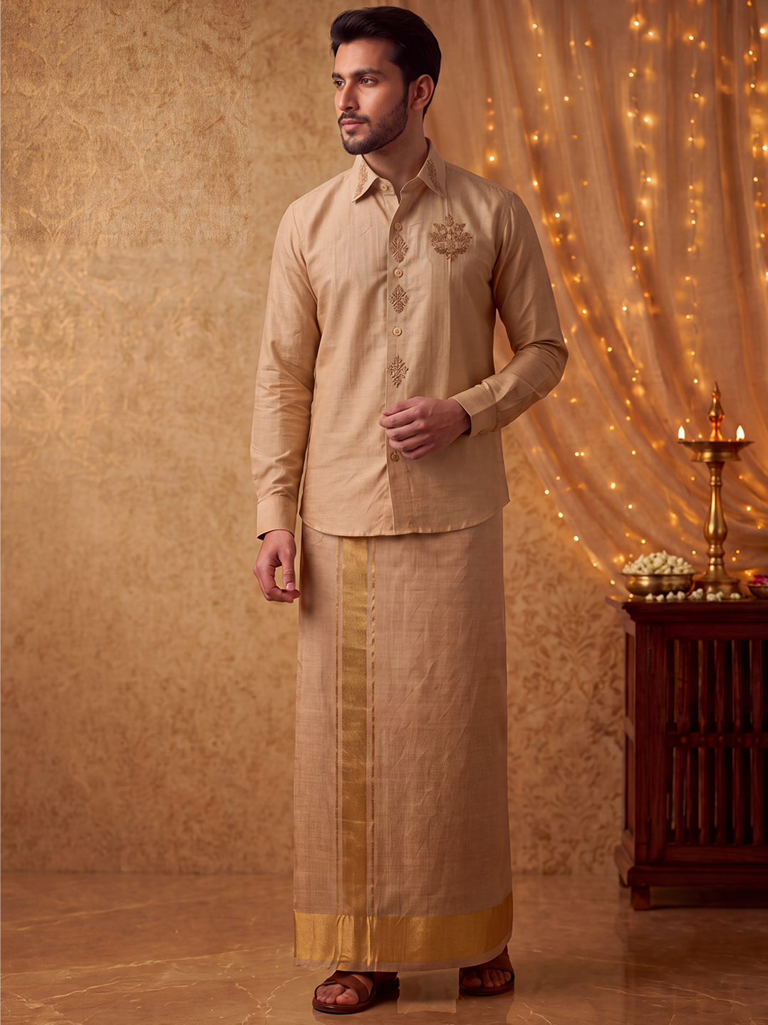 Premium Pure Tussar Silk Hand Embroidered Shirt & Dhoti Set with Royal Butta Detailing Signature Chest Emblem Jari | Rajarudhran