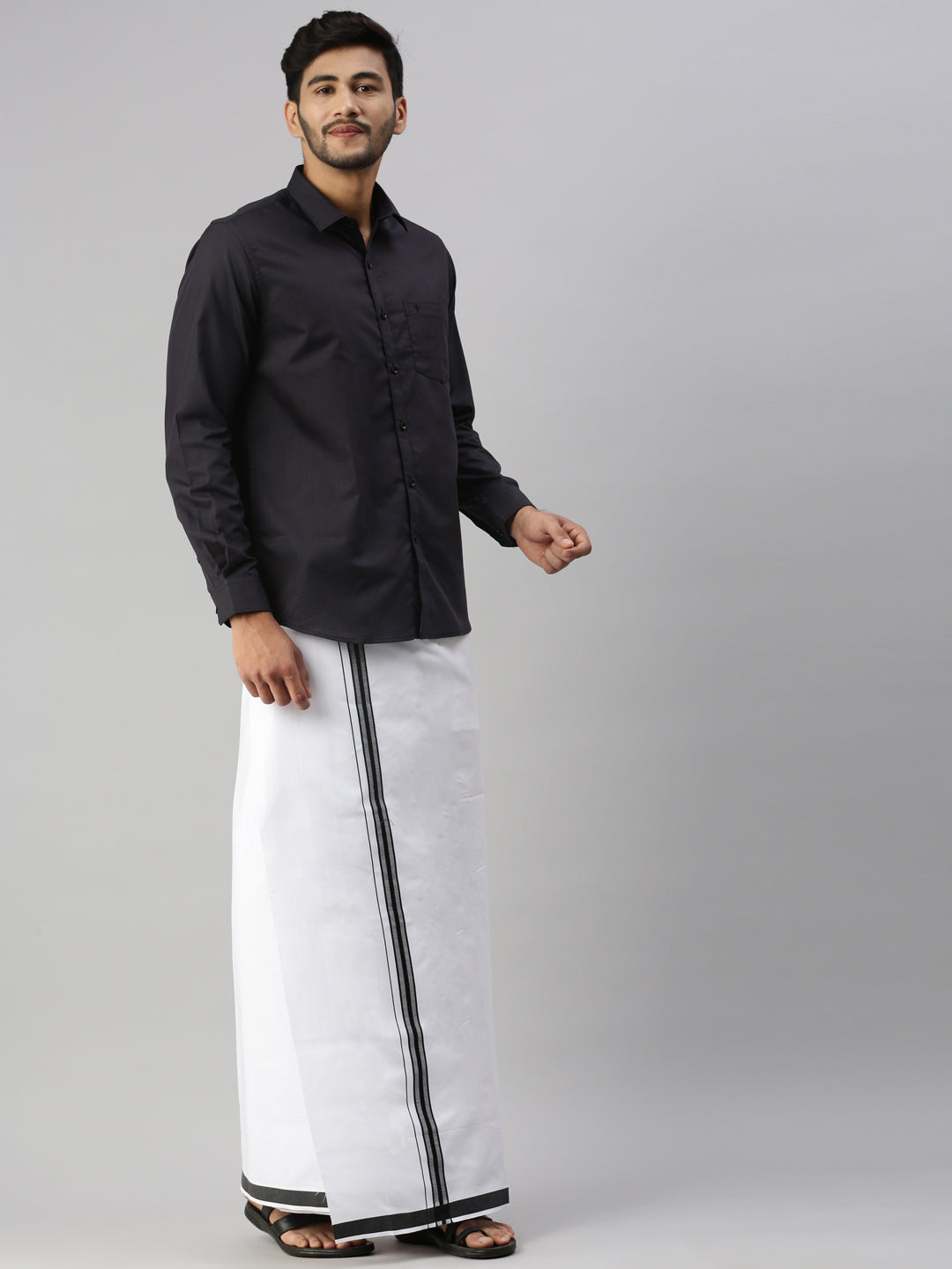 Mens Black Matching Border Dhoti & Full Sleeves Shirt Set Evolution IC10-Side view