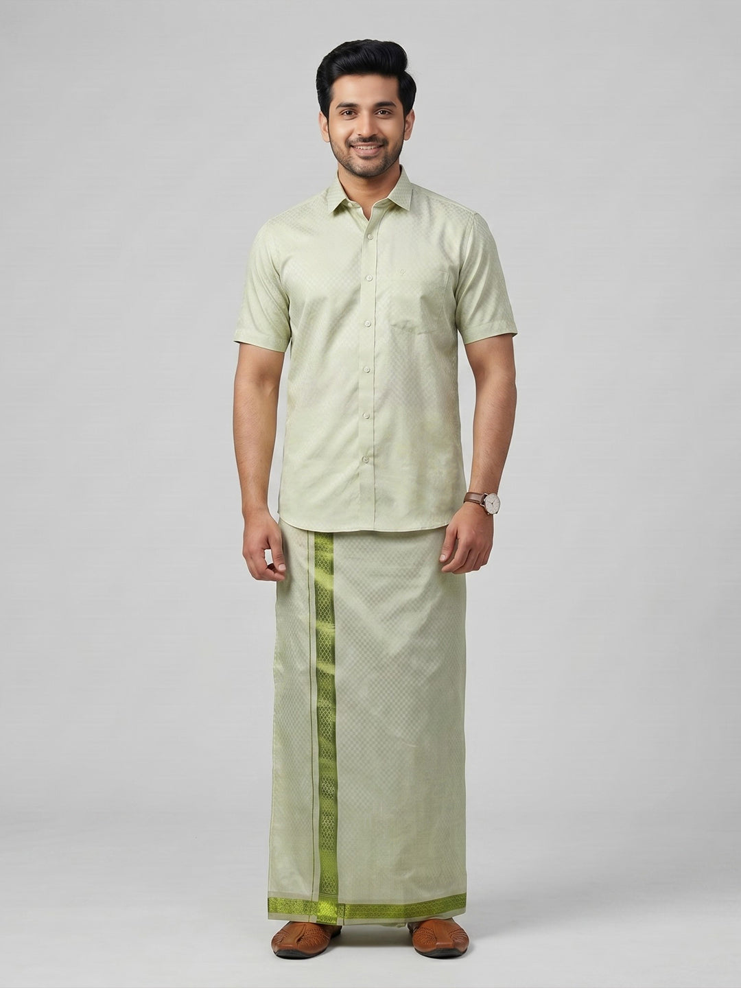 Men Moss Green Tissue Jacquard Shirt with Readymade Dhoti Set MGD12