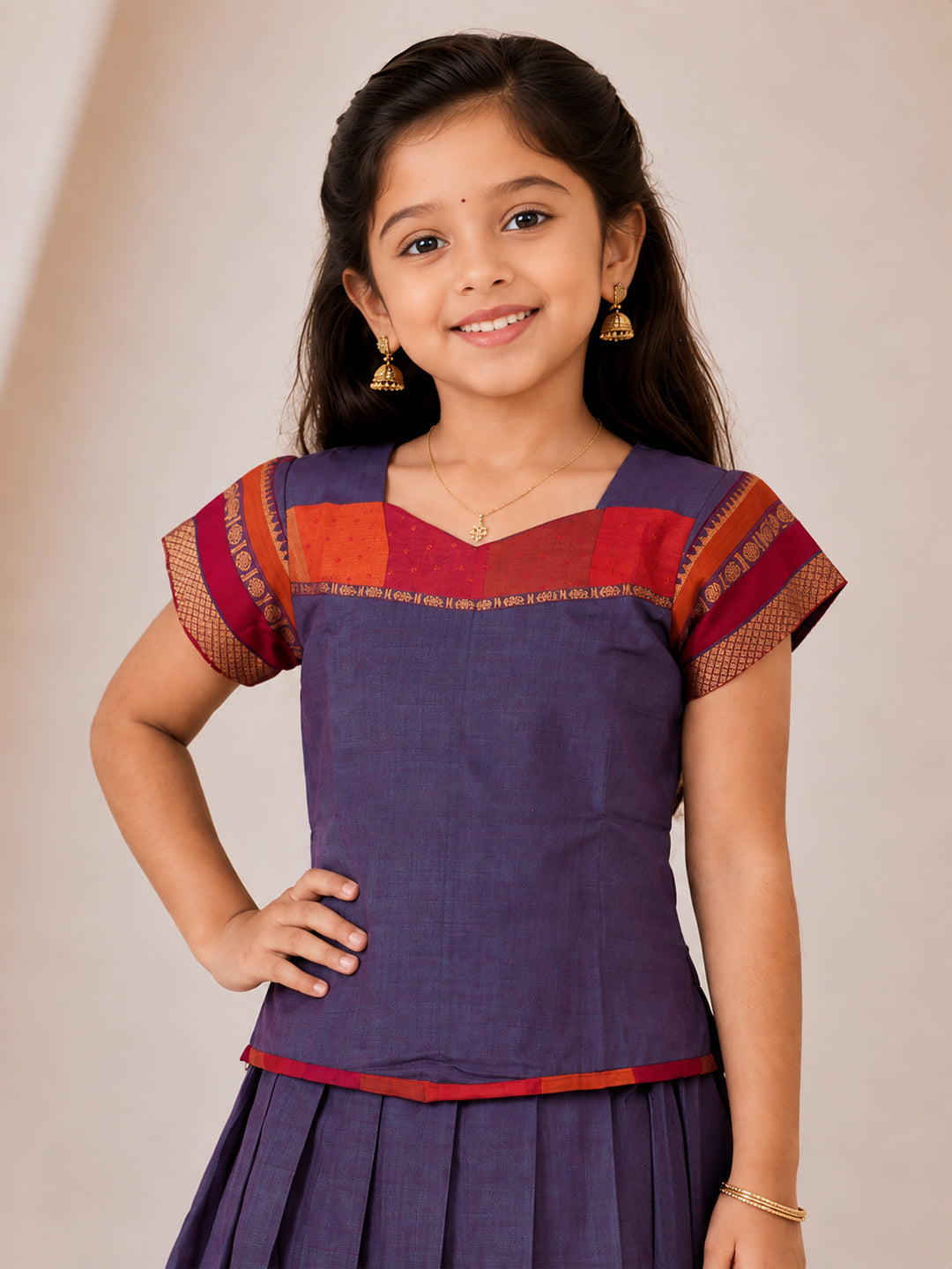Girls Cotton Blue Pattu Pavadai Set GPS58