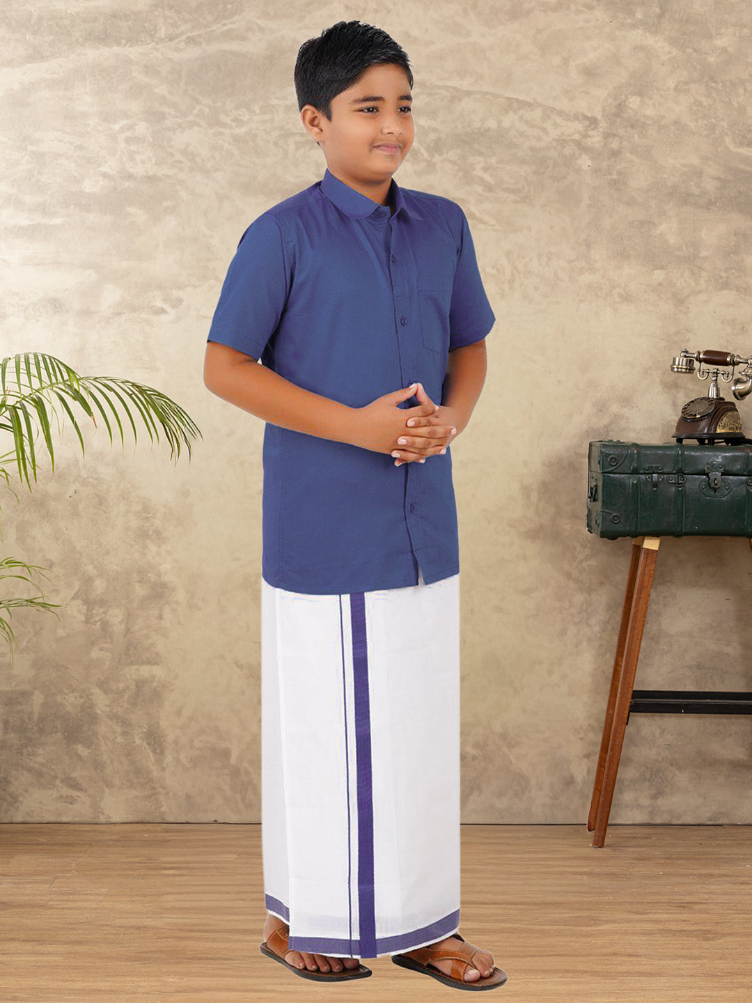 Boys Vetti Vaaram Matching Border Dhoti & Shirt Combo Dark Blue