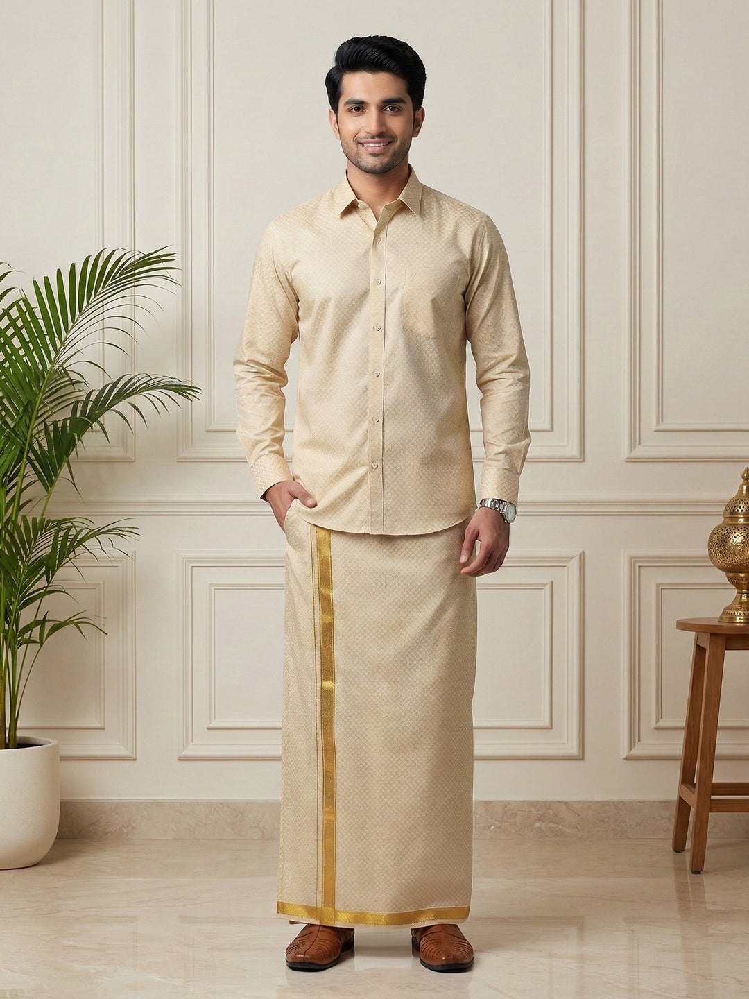 Couple Combo Gold Shirt & Dhoti Set with Saree KLS52