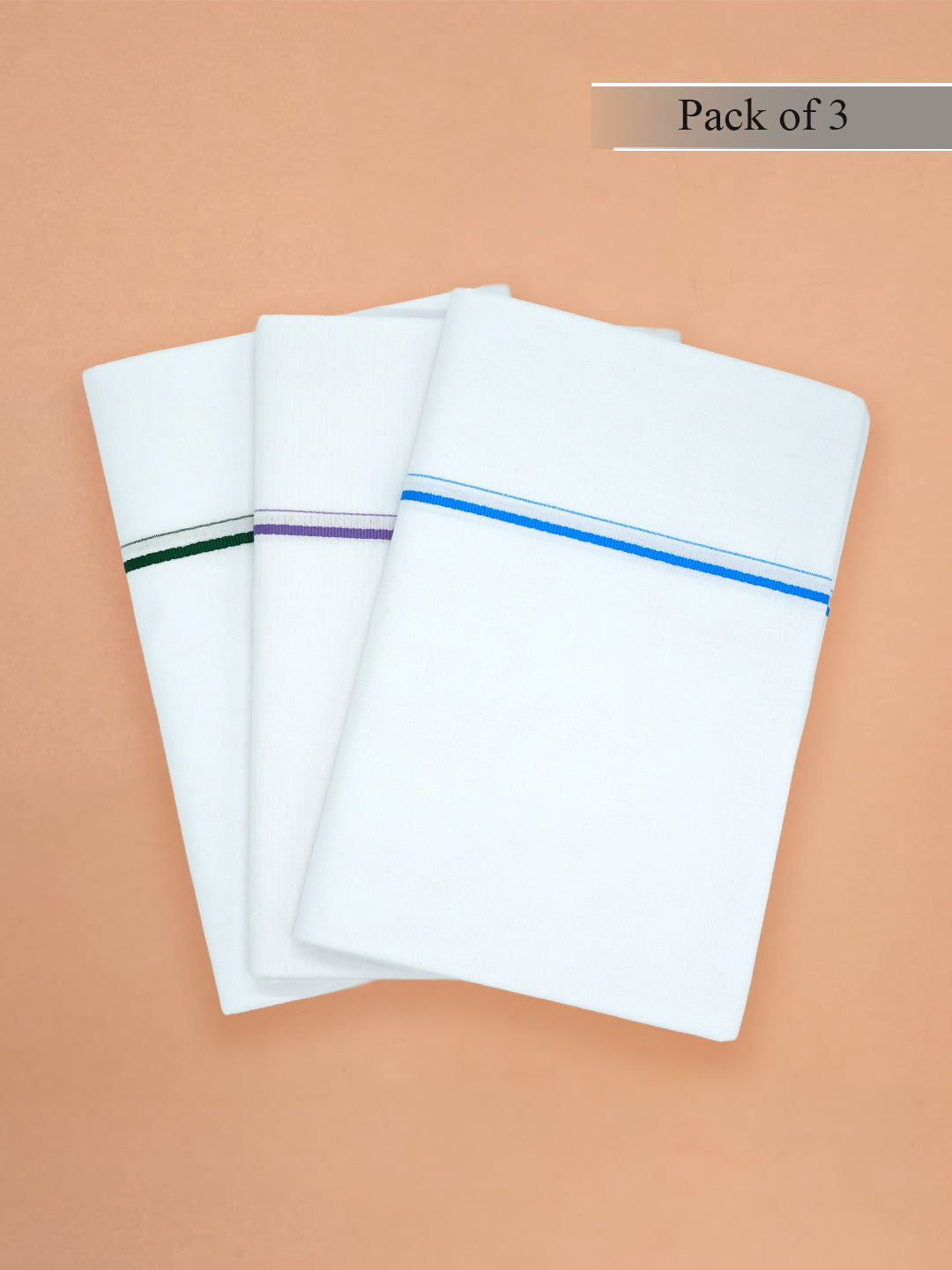 Single Layer 100% Cotton White Dhoti with Assorted Small Borders – Pack of 3 | Vennila 2M
