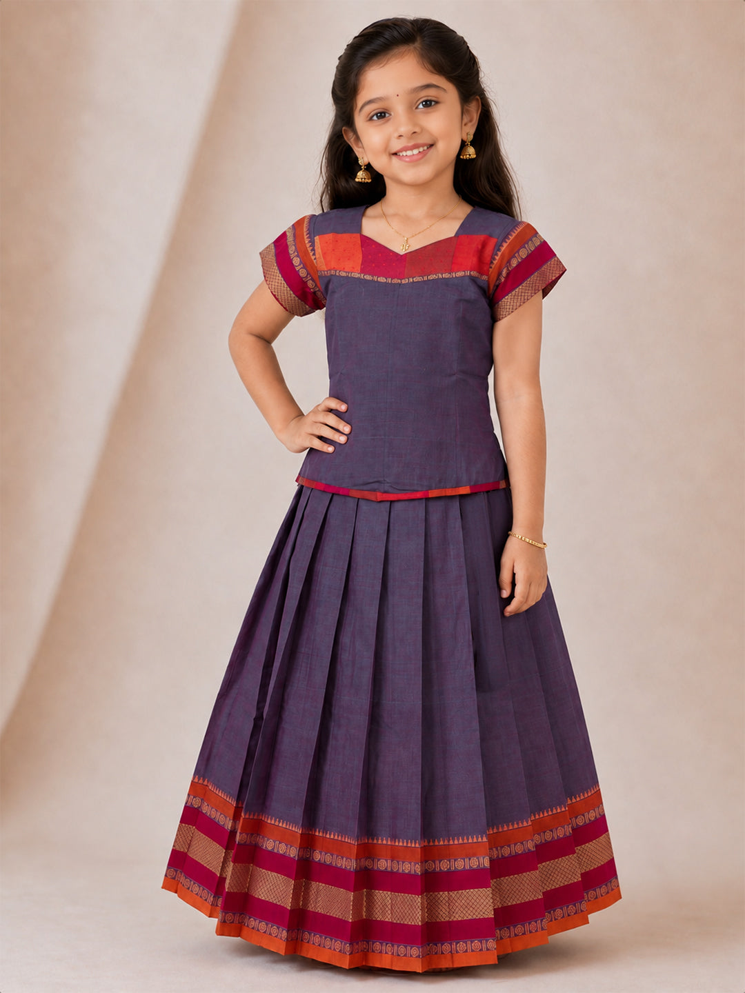 Girls Cotton Blue Pattu Pavadai Set GPS58
