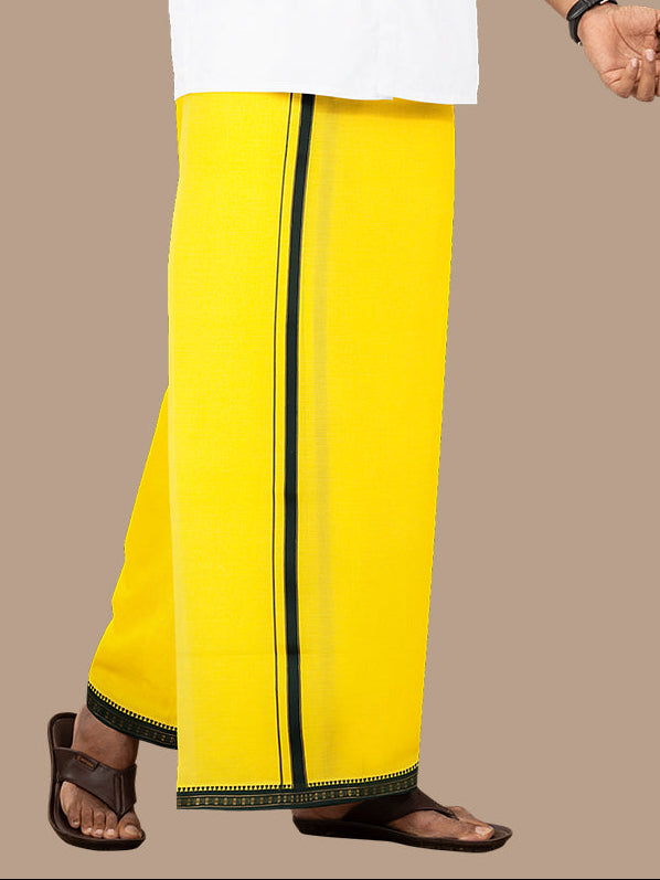 Men 100% Cotton Single Layer Yellow Dhoti with Mayilkhan Border Slokam (4 Way Dhoti )
