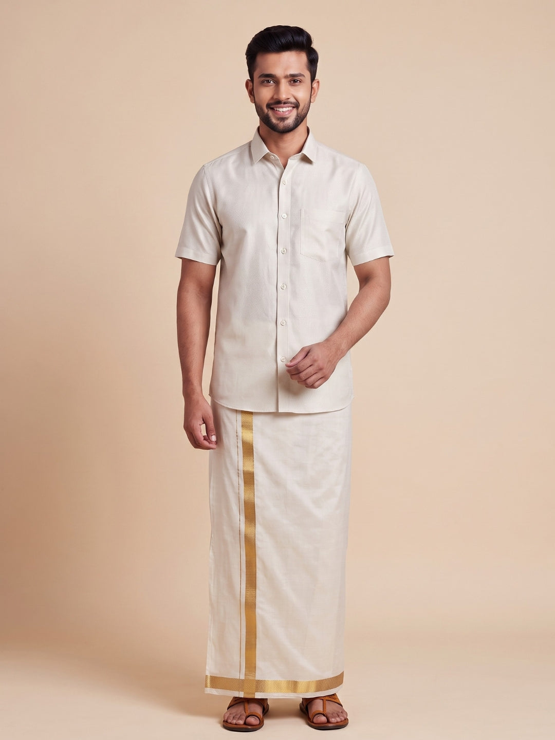 Couple Combo Antique Gold Shirt & Dhoti Set with Saree KLS19
