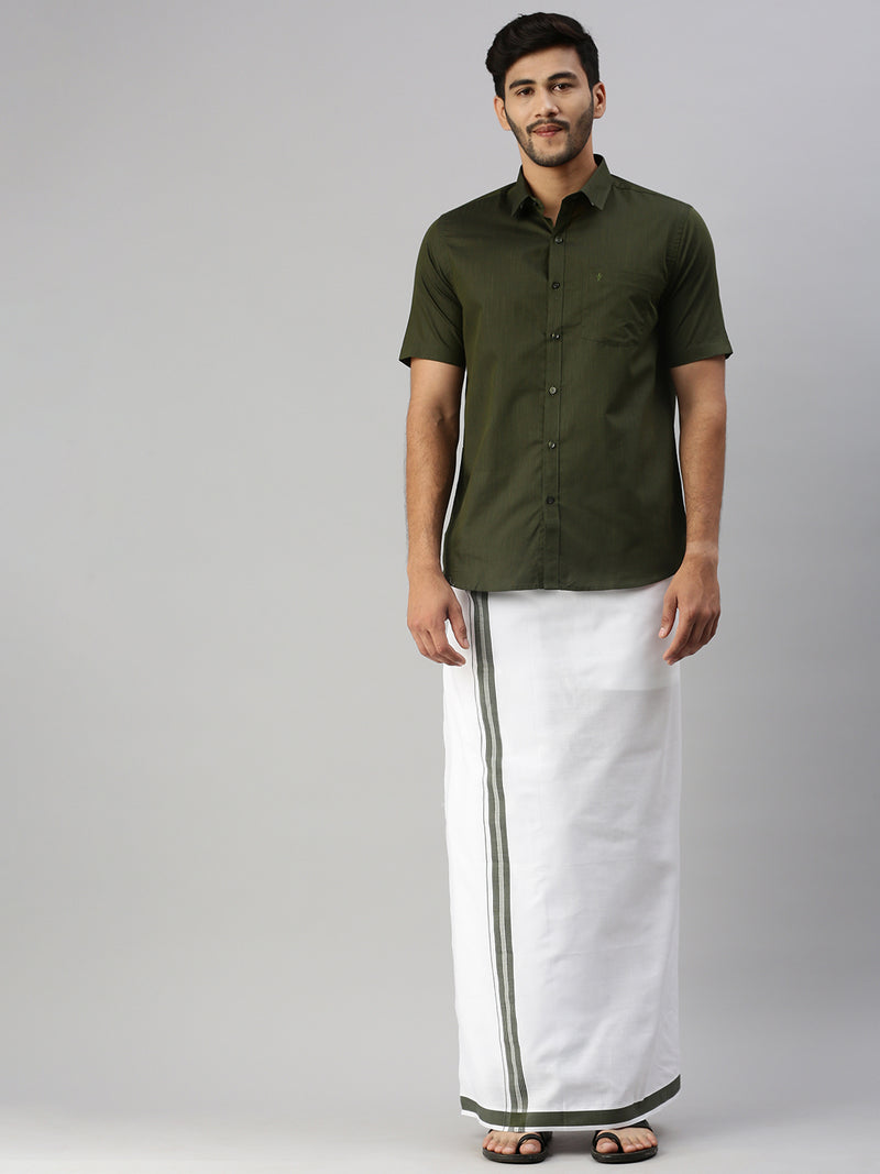 Mens Green Matching Border Dhoti & Half Sleeves Shirt Set Evolution IC8
