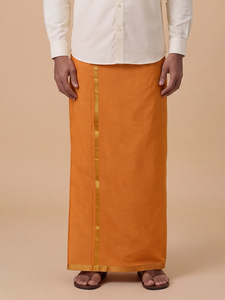 Single Layer Cotton Blend Kaavi Dhoti with Gold Jari Border - Cosmic 2m