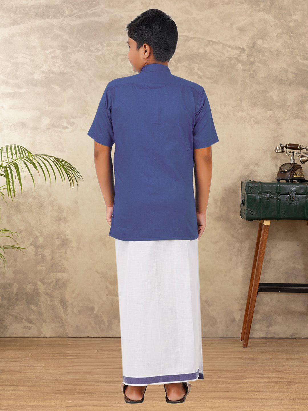 Boys Vetti Vaaram Matching Border Dhoti & Shirt Combo Dark Blue