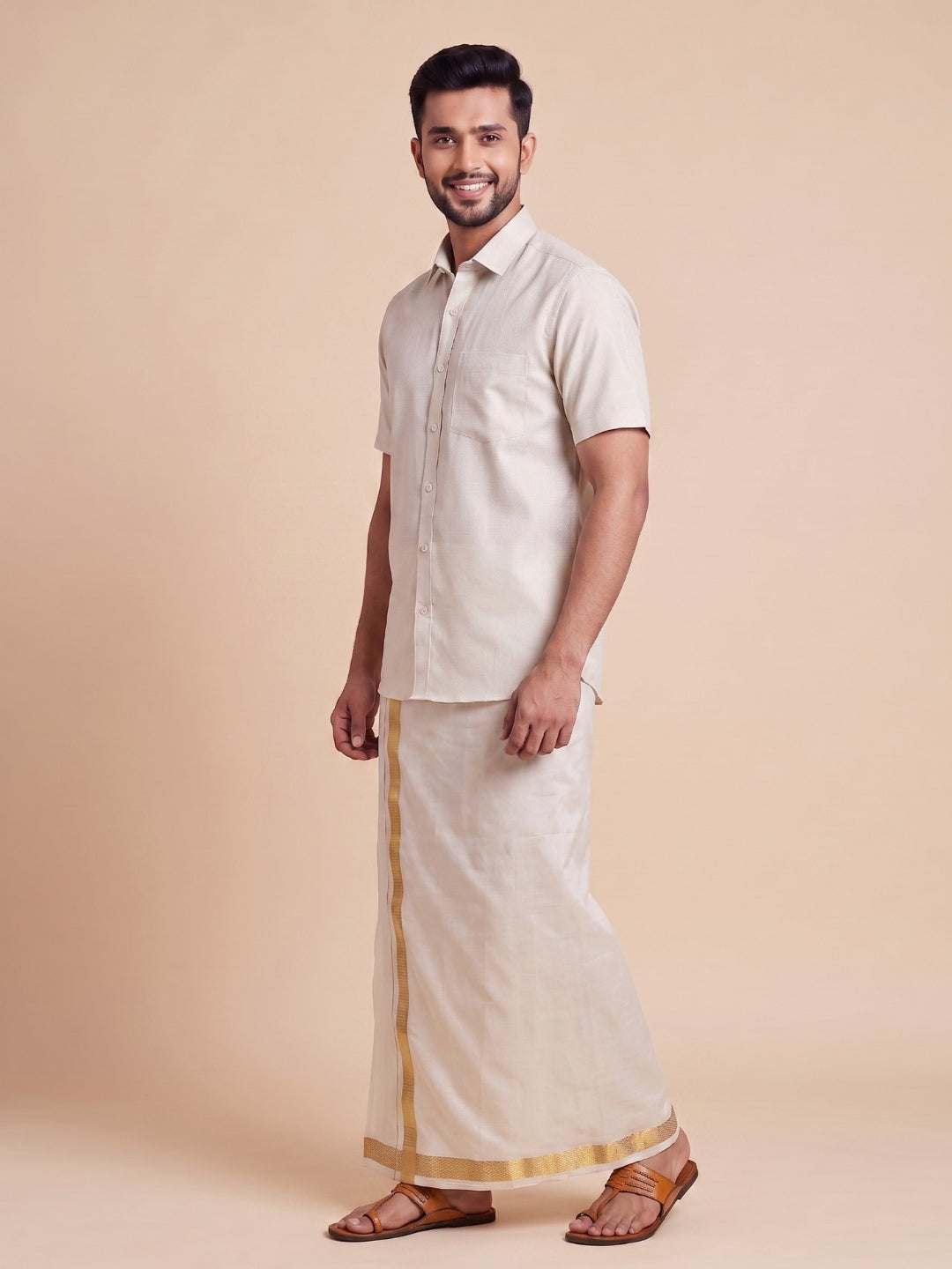 Couple Combo Antique Gold Shirt & Dhoti Set with Saree KLS19