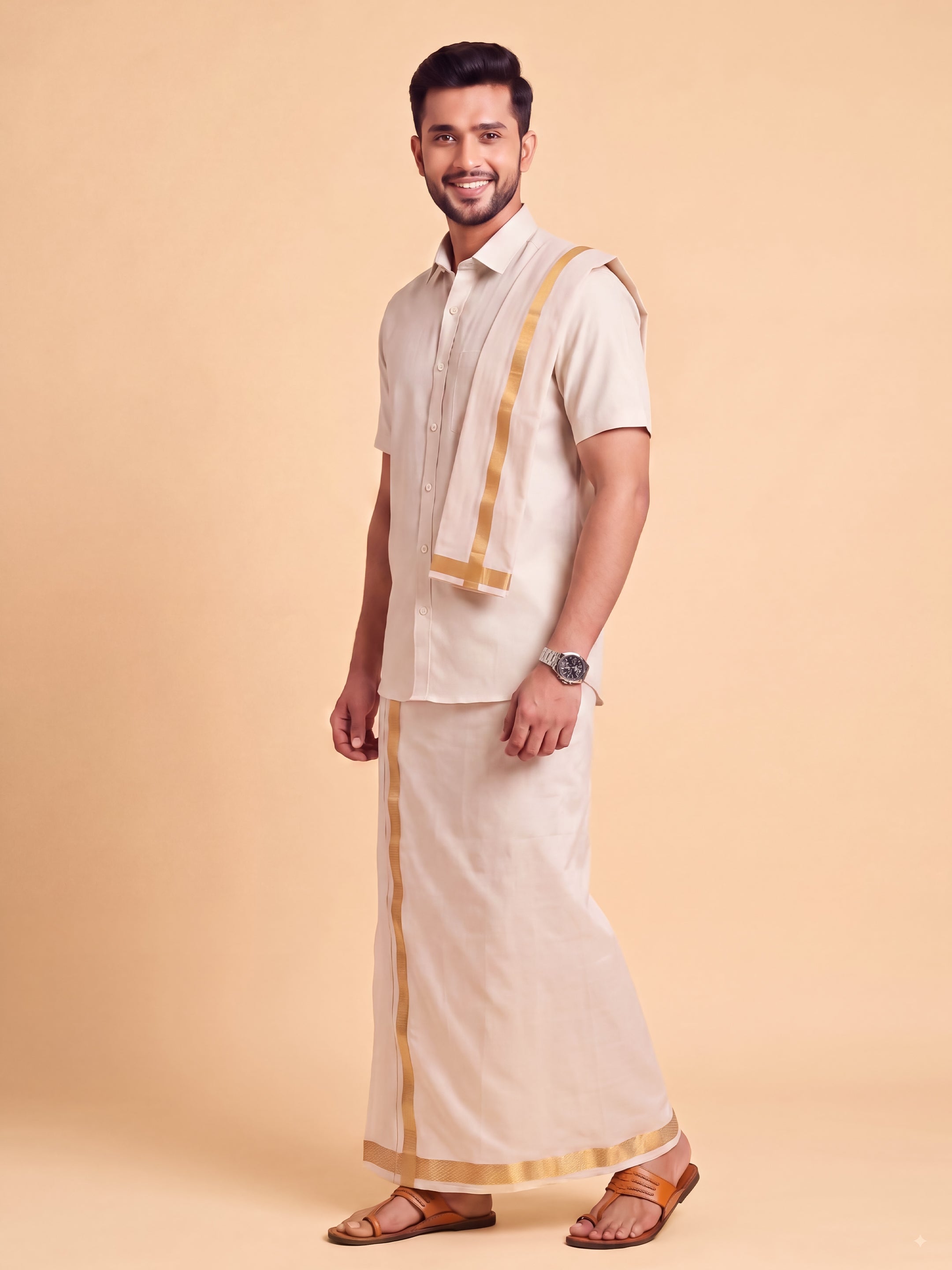 Tissue Antique Gold Shirt Dhoti & Towel (3-in-1)Set