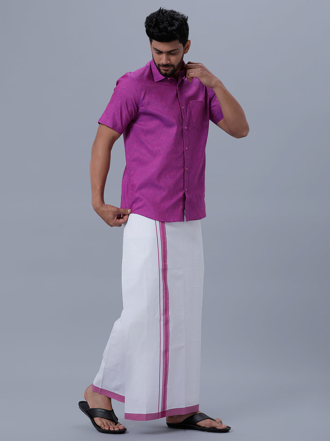Mens Matching Border Adjustable Dhoti & Half Sleeves Shirt Set C49-Side view