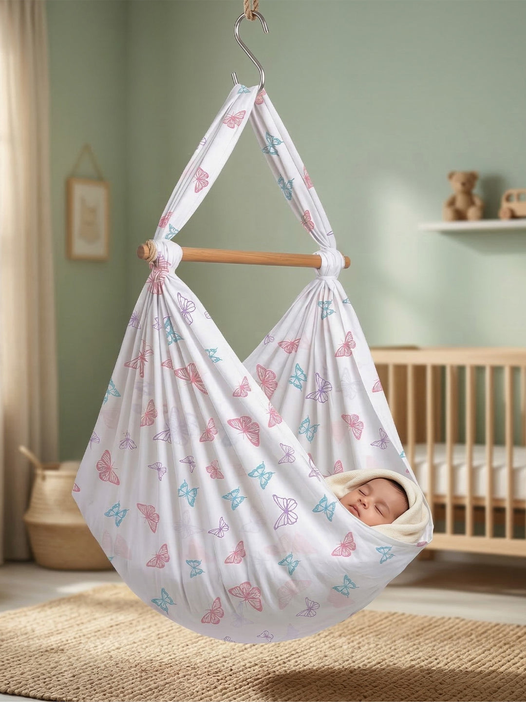 Premium Soft Cotton Baby Hammock Stitched White with Assorted Prints (Thottil/Jhula)