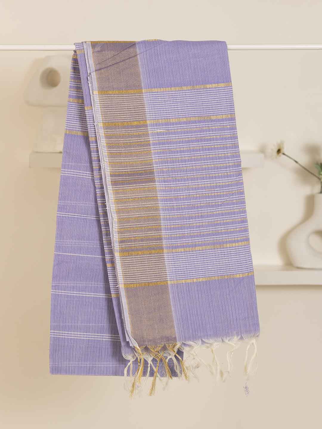 Women Lavender Striped Cotton Saree CJ01