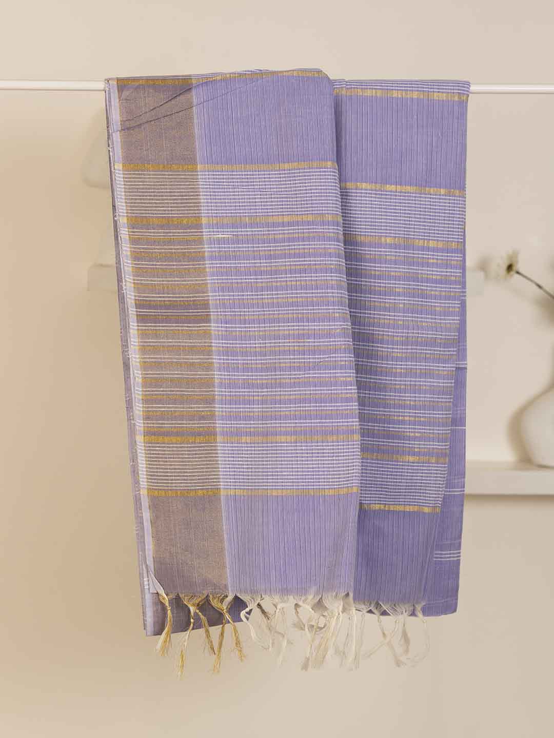 Women Lavender Striped Cotton Saree CJ01