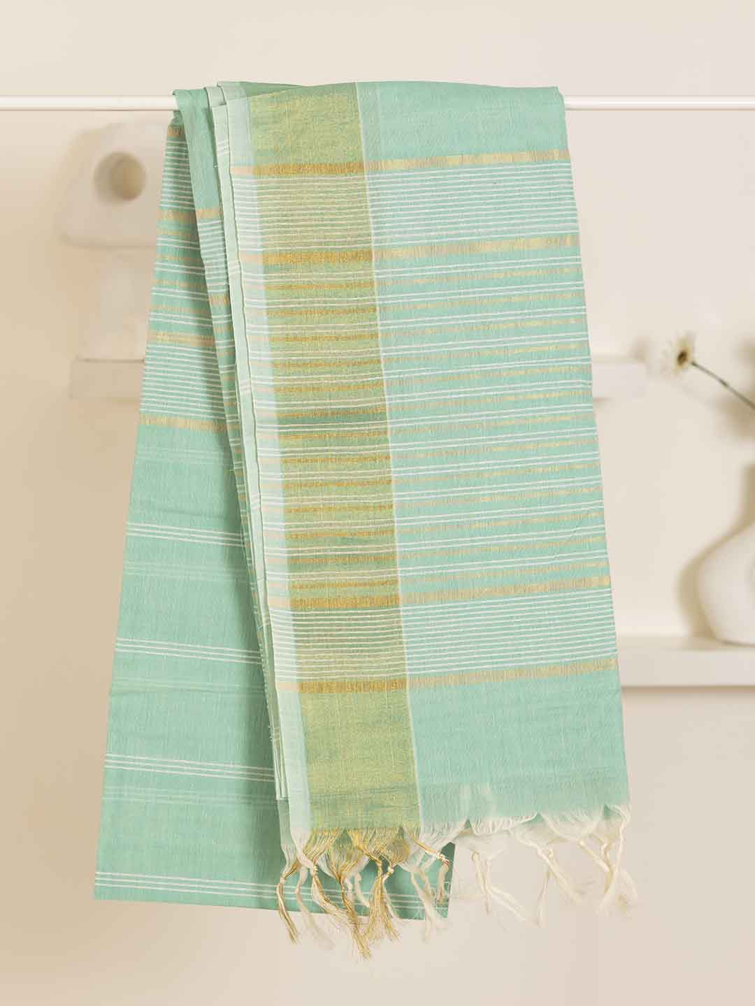 Women Green Striped Cotton Saree CJ02