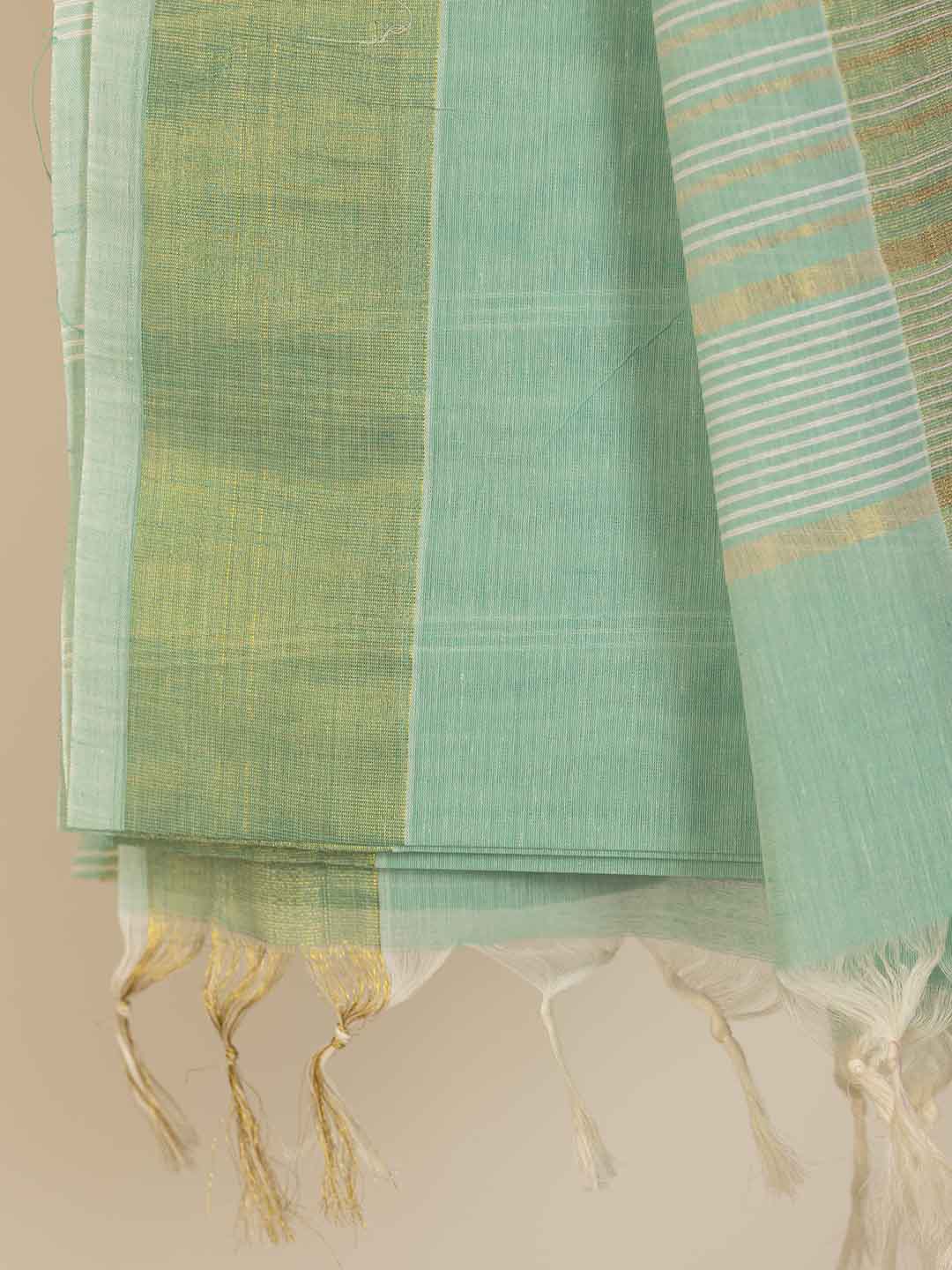 Women Green Striped Cotton Saree CJ02