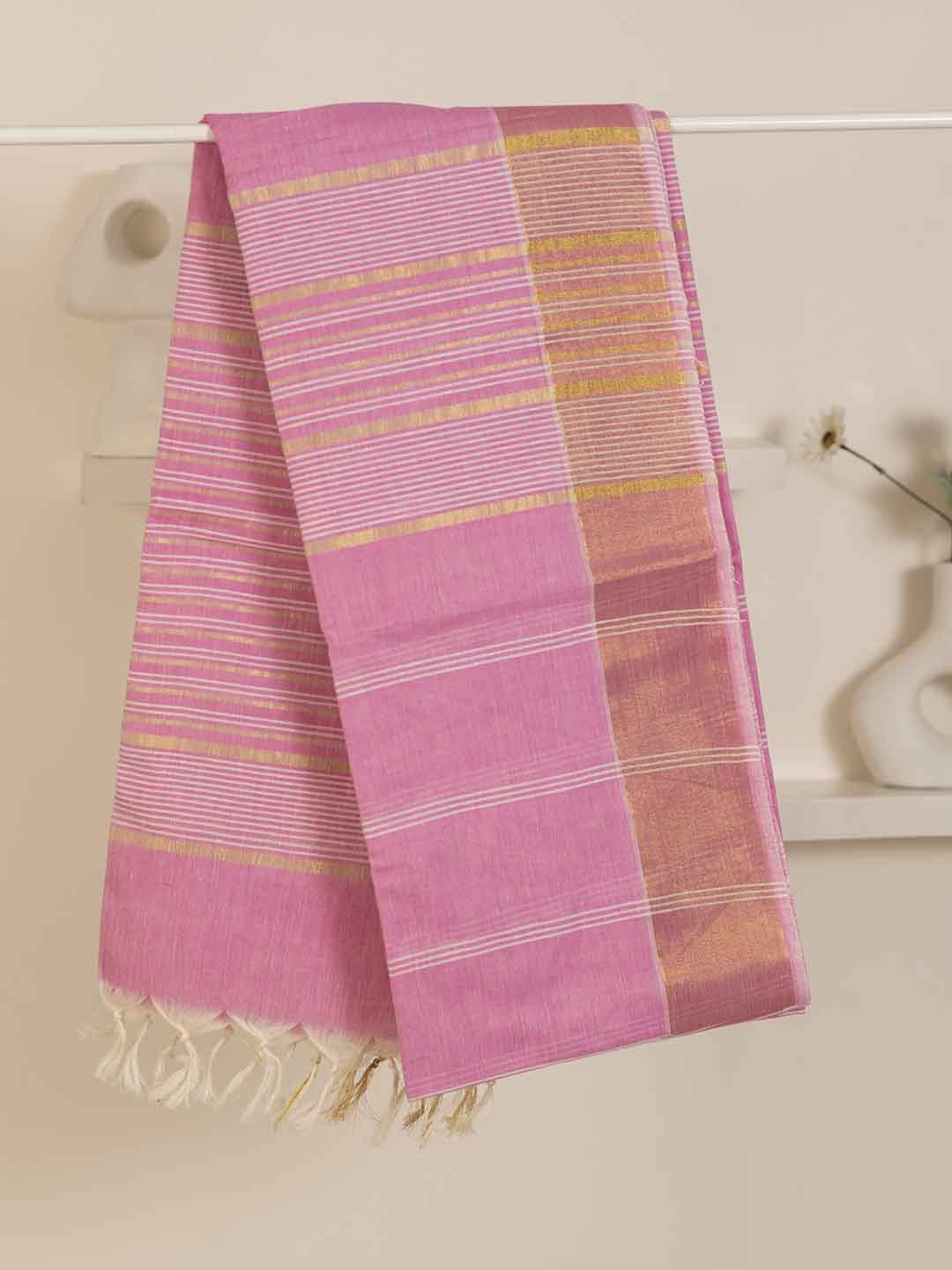 Women Pink Striped Cotton Saree CJ03