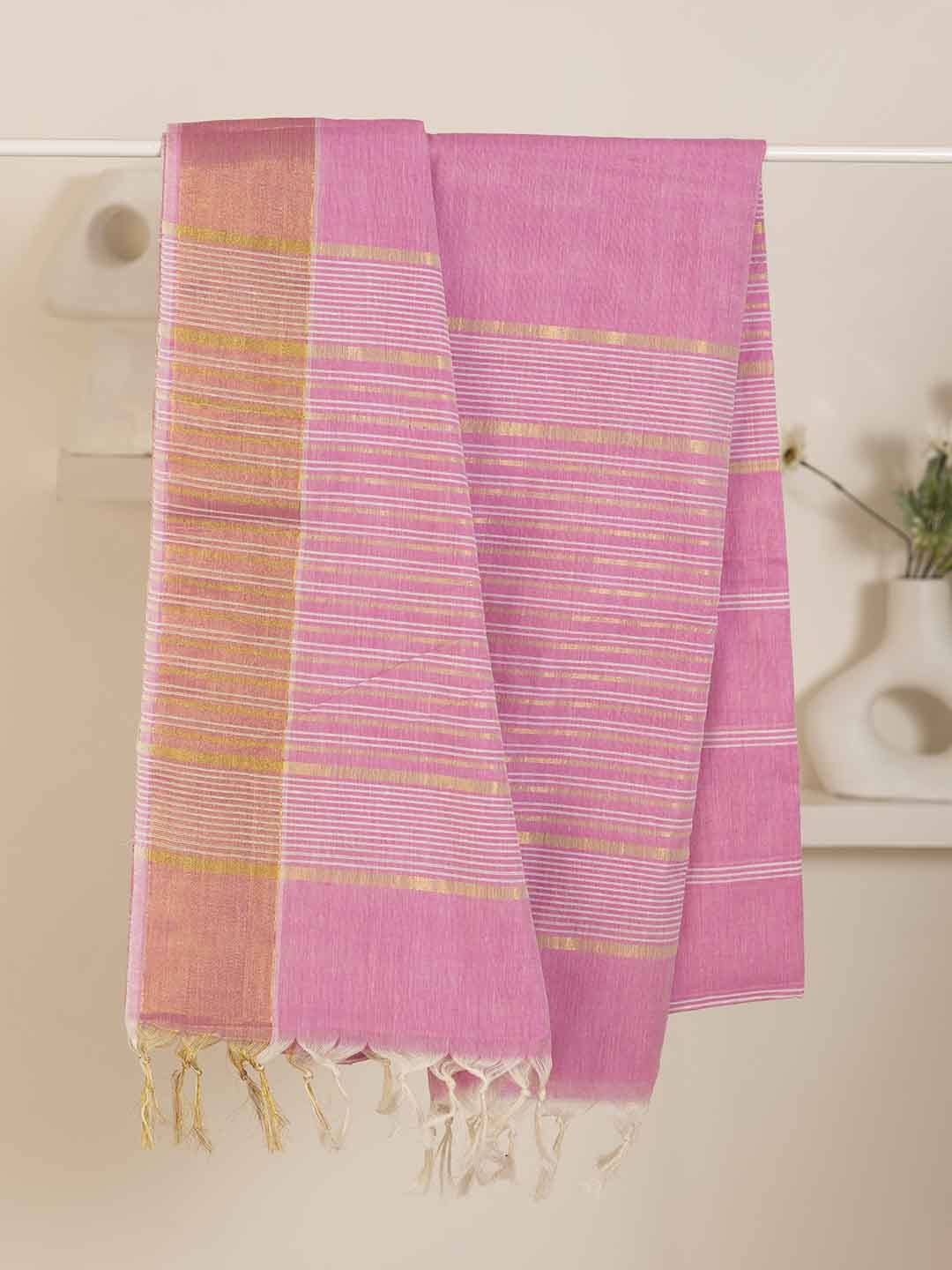 Women Pink Striped Cotton Saree CJ03