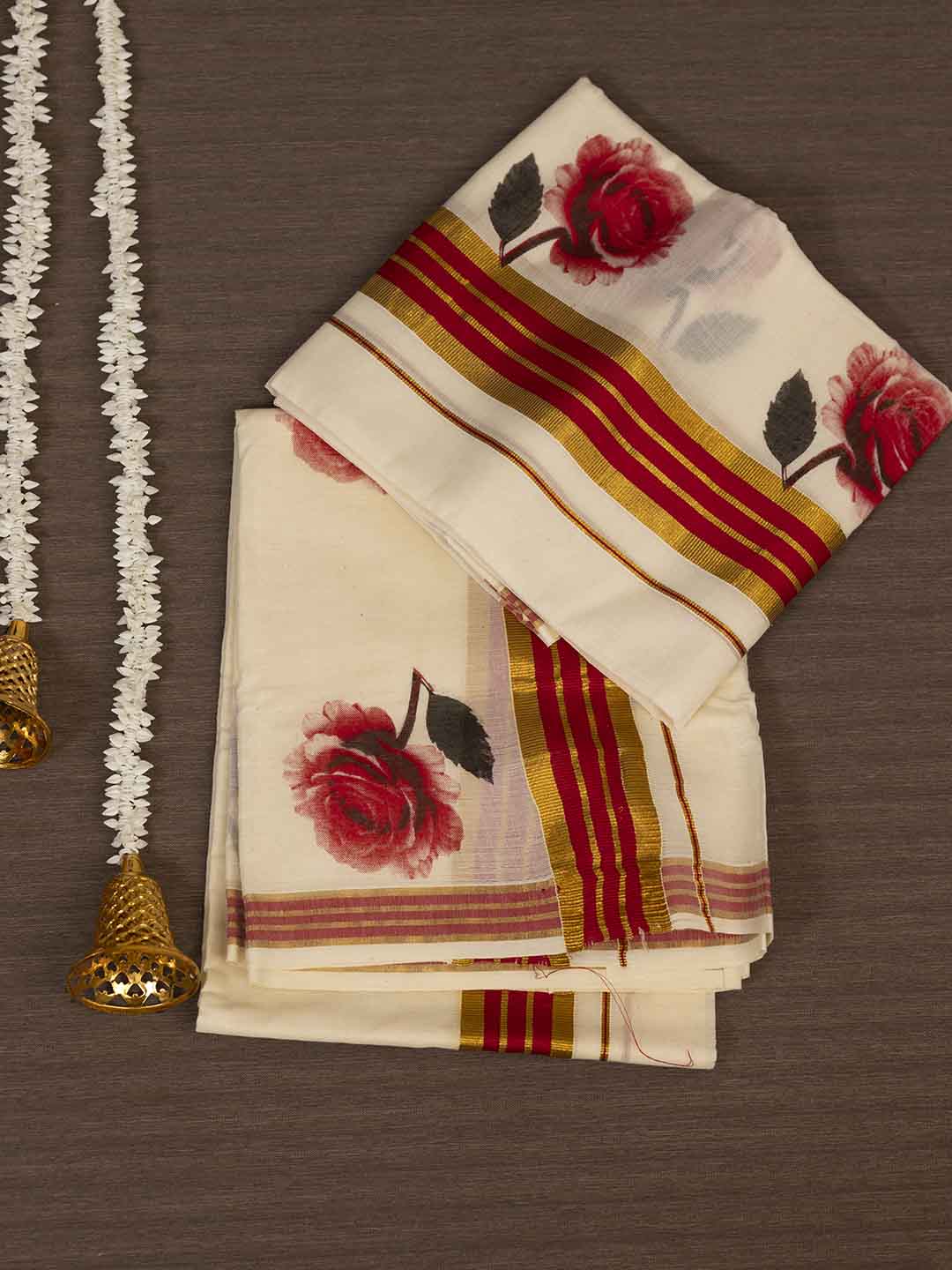 Women Kerala Single Set Mundu Saree Cream with Red KS173