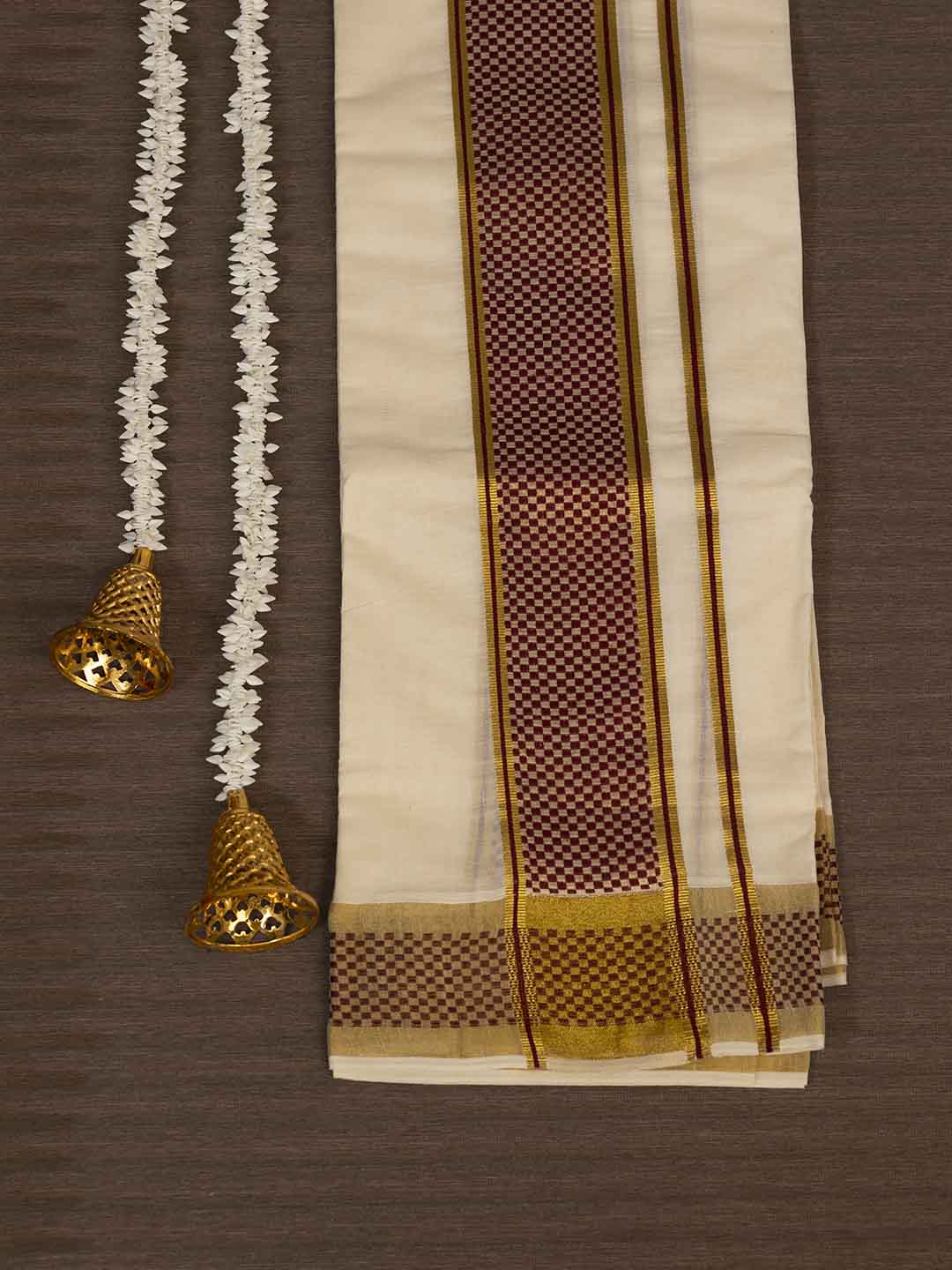 Women Kerala Single Set Mundu Saree Cream with Maroon KS183
