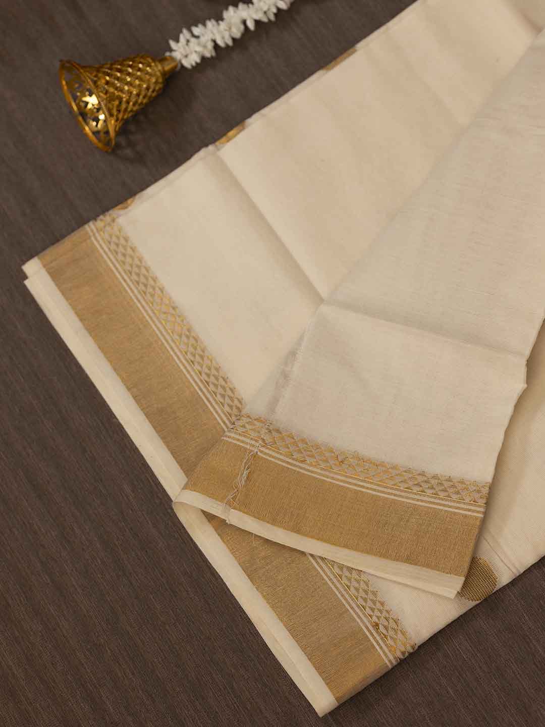 Women Kerala Cream Traditional Fancy Gold Printed Saree KS203