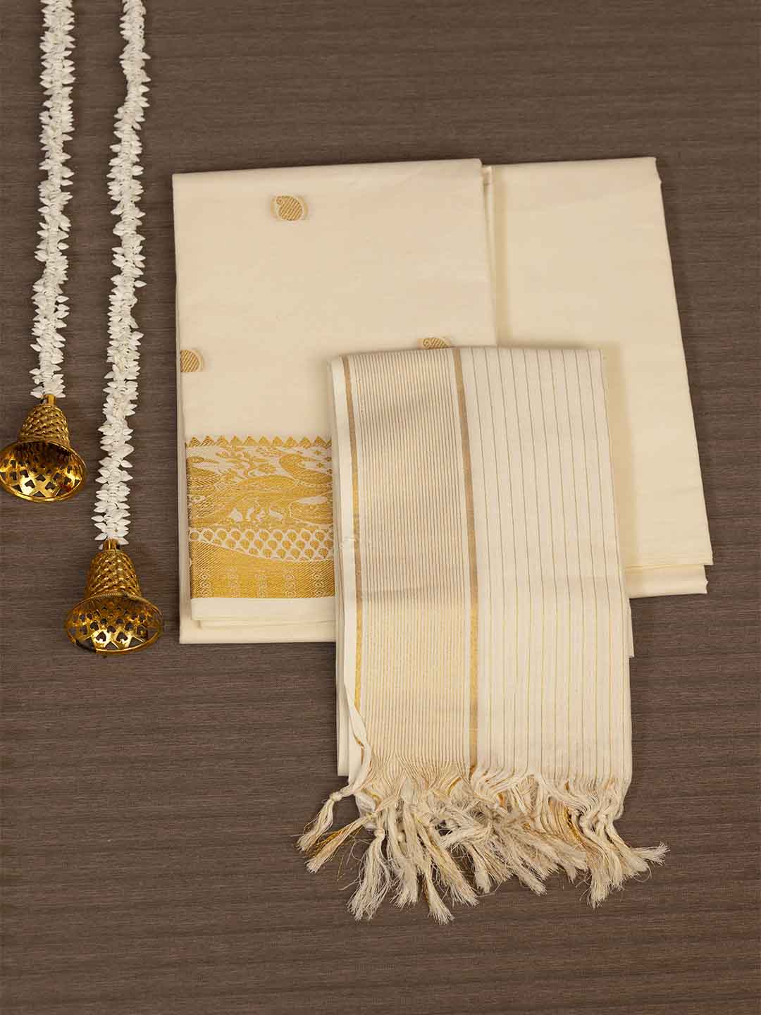 Women Kerala Traditional Cream Cotton Dress Material DM315