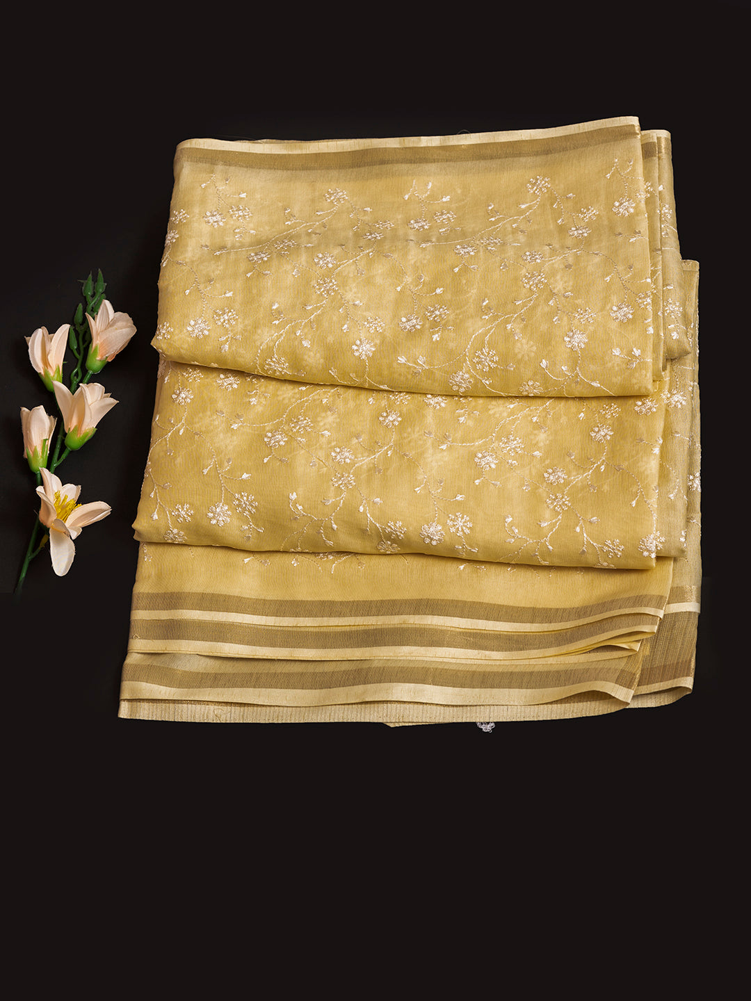 Women Cream Tissue Embroidered Saree TS05