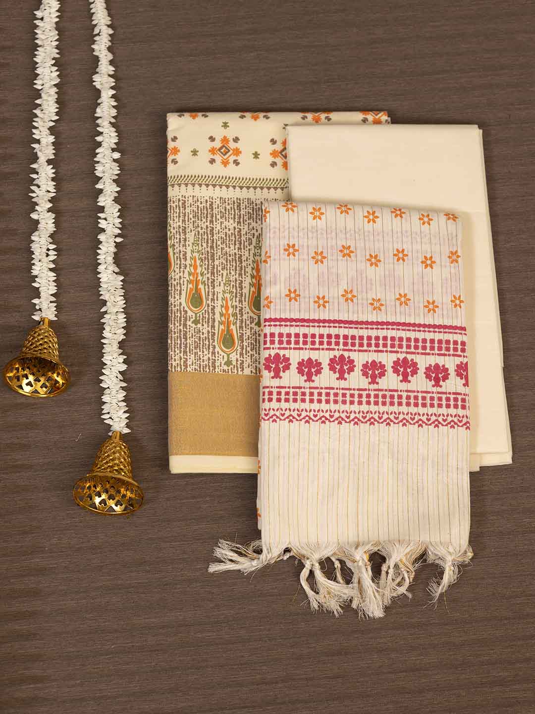 Women Kerala Style Cream Cotton Dress Material DM312
