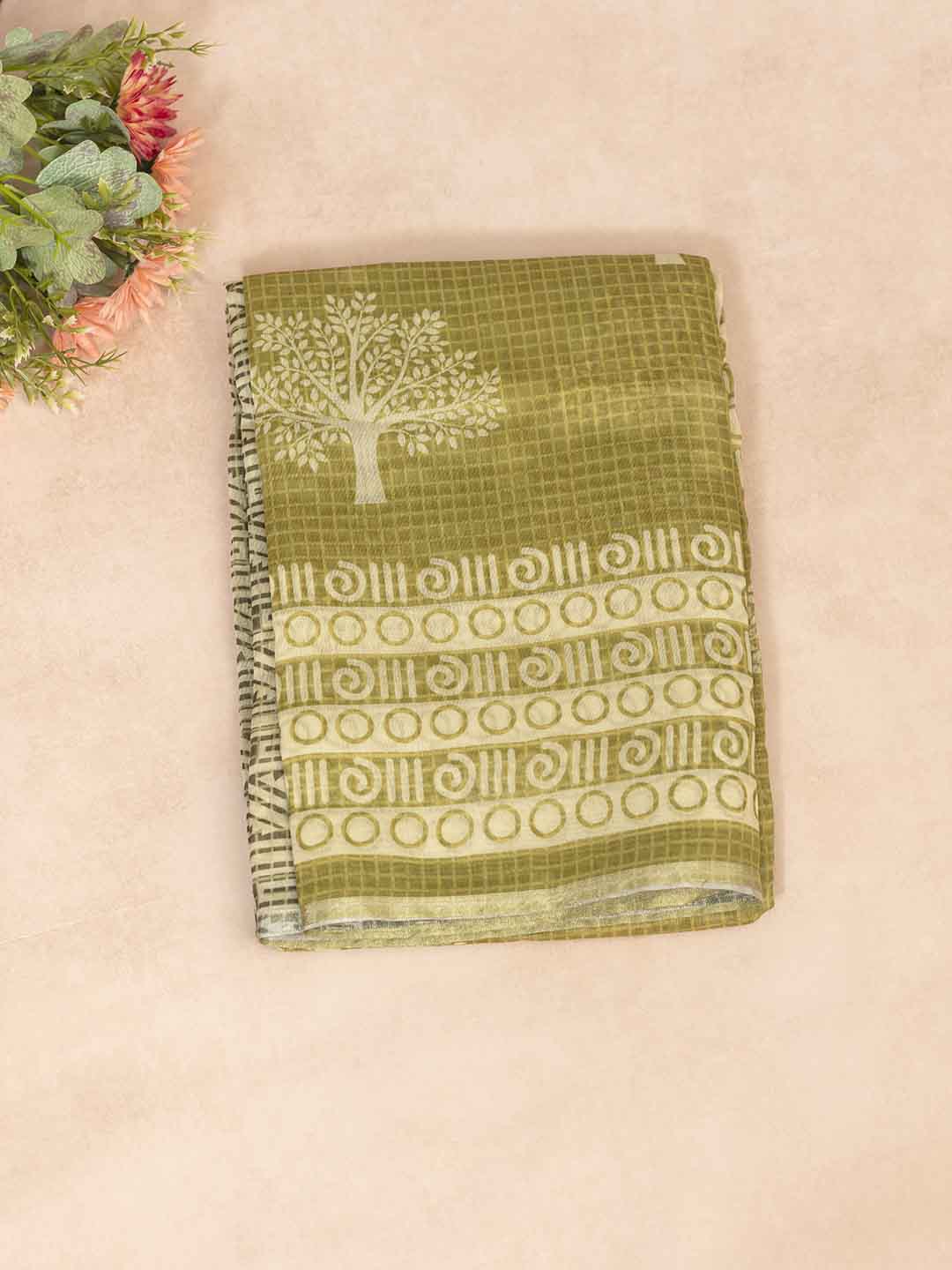 Women Green Semi Chanderi Cotton Printed Saree SC43