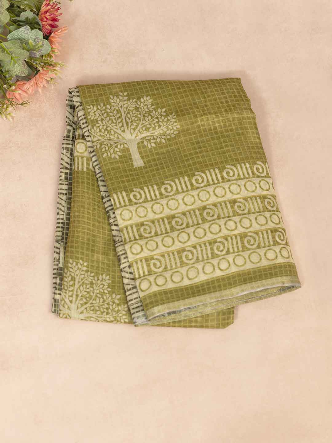 Women Green Semi Chanderi Cotton Printed Saree SC43