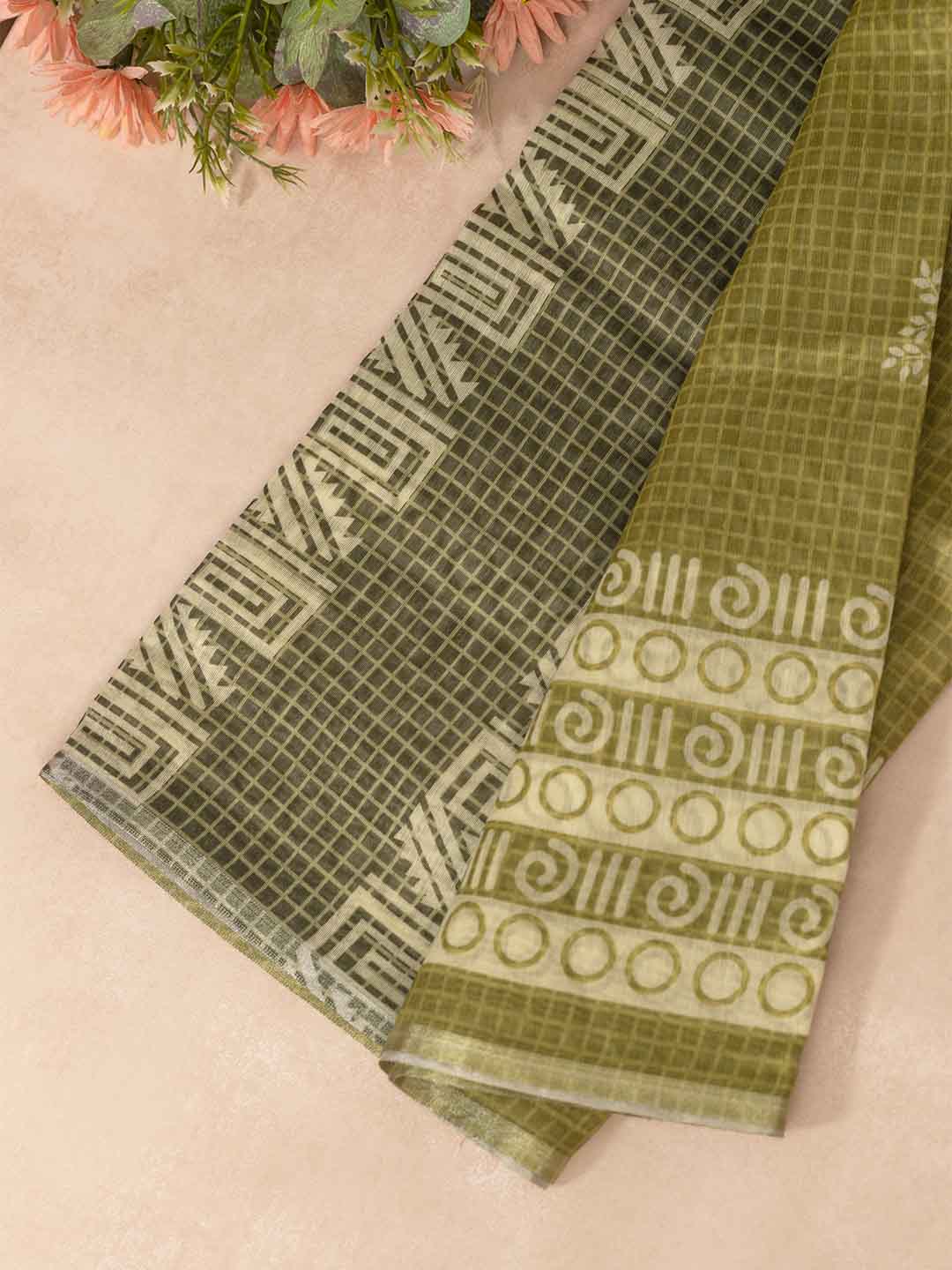 Women Green Semi Chanderi Cotton Printed Saree SC43