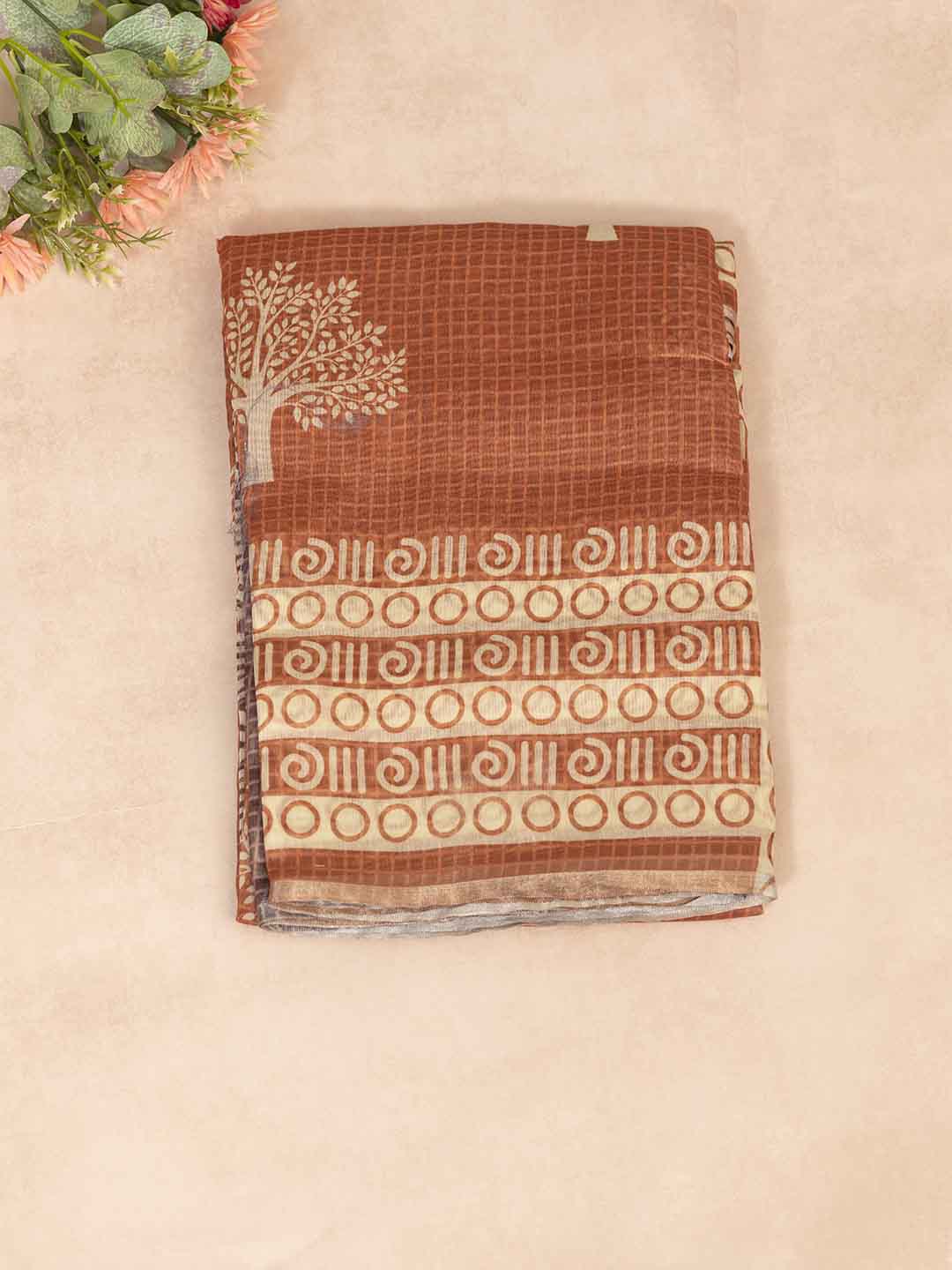 Women Burnt Orange Semi Chanderi Cotton Printed Saree SC44